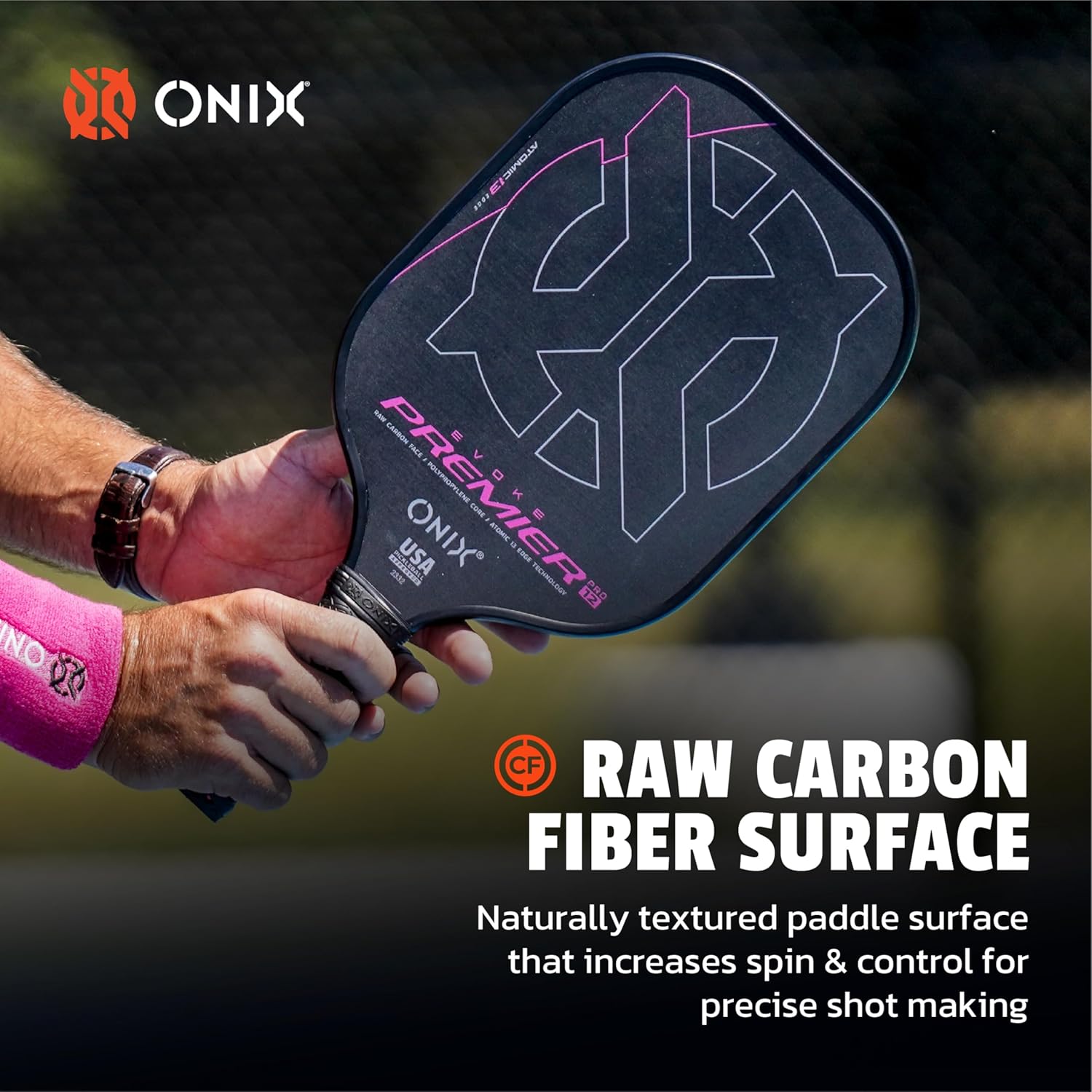 Onix Evoke Premier Raw Carbon Fiber Surface Medium-Weight Premium Perforated Grip One-Piece Construction Pickleball Paddle