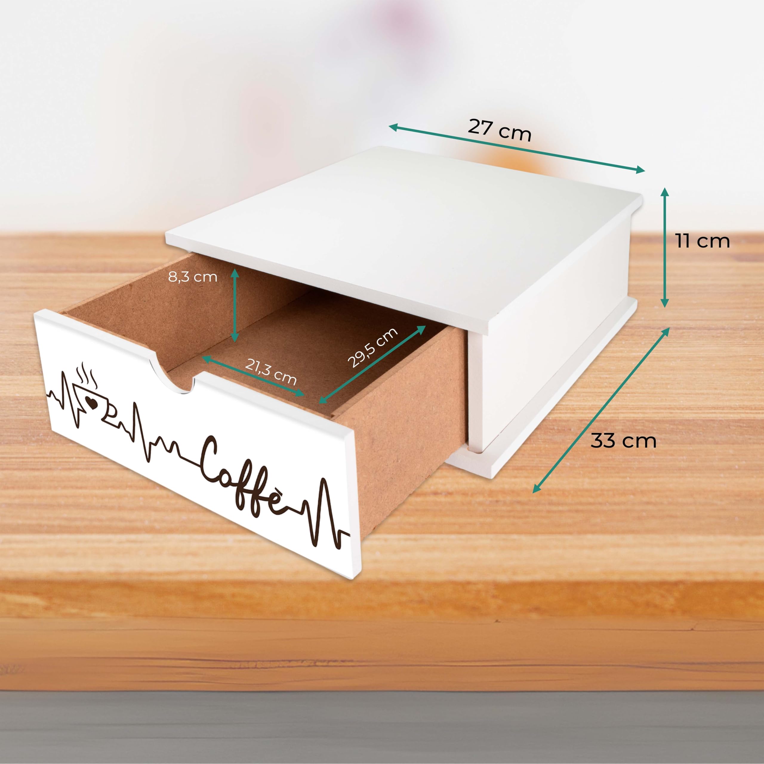 Lupia - Cassetto Porta Cialde Caffè e Porta Capsule 27x33x11 cm CAFFE' RHYTHM, Contenitore Organizer per Caffè, Tè, Tisane e Zucchero, Angolo Bar in Legno Bianco Antimacchia per casa e ufficio