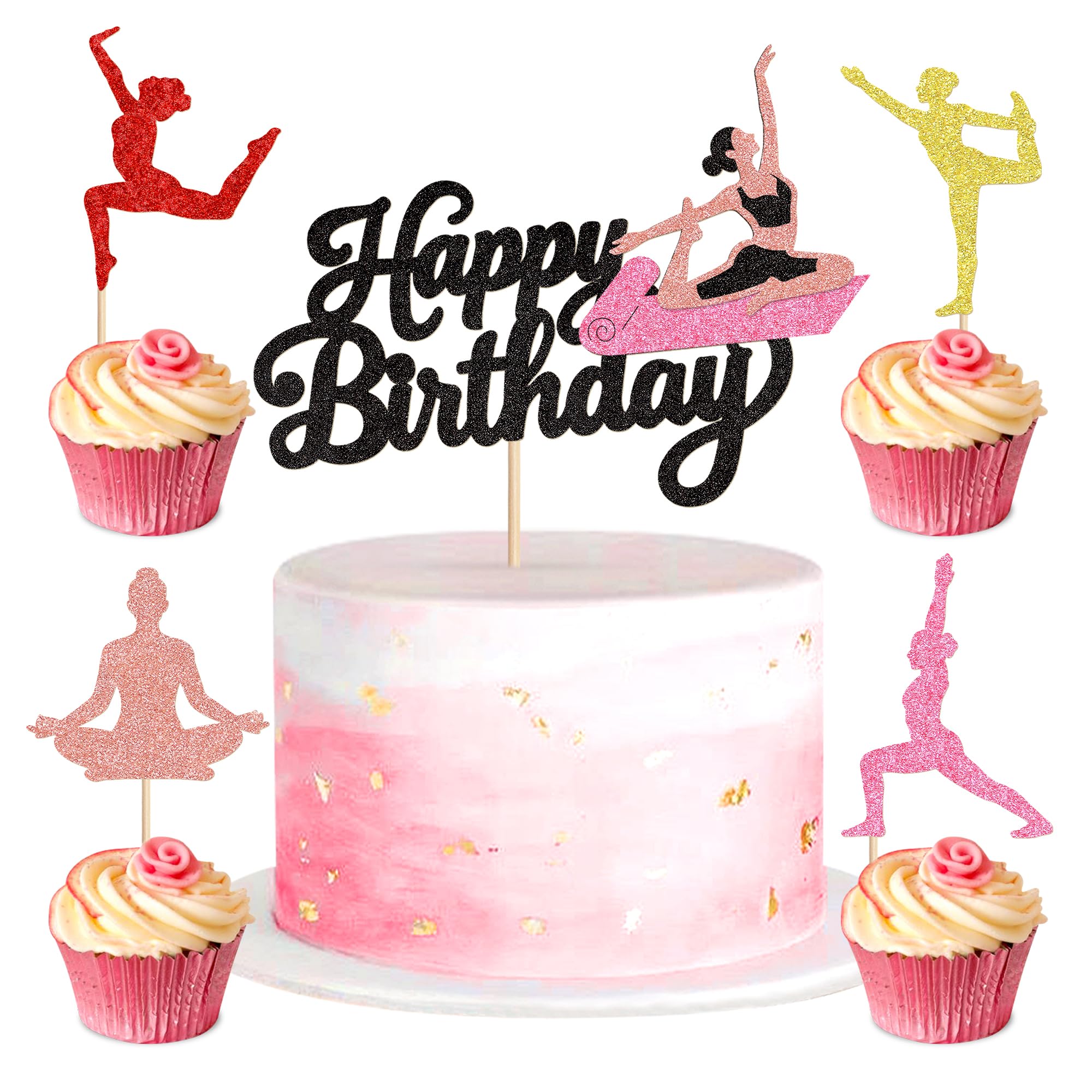 Blumomon 25Pcs Yoga Happy Birthday Cake Topper Glitter Colorful Yoga Meditation Cupcake Toppers for Yogas Enthusiasts Birthday Women Yoga's Birthday Cake Decorations Relax Sport Party Decorations — image 1