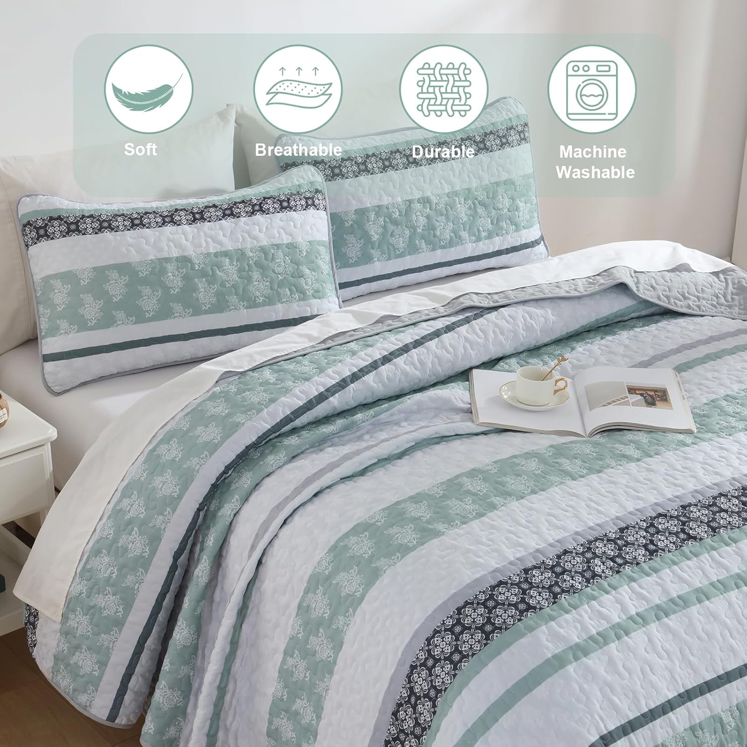 Luxudecor Quilts Queen Size Boho Sage Green Quilt Bedspreads Bedding Set, 3 Pieces Summer Queen Coverlet Sets with 2 Shams,Soft Lightweight Striped Patchwork Quilt for Bed 96"x90"