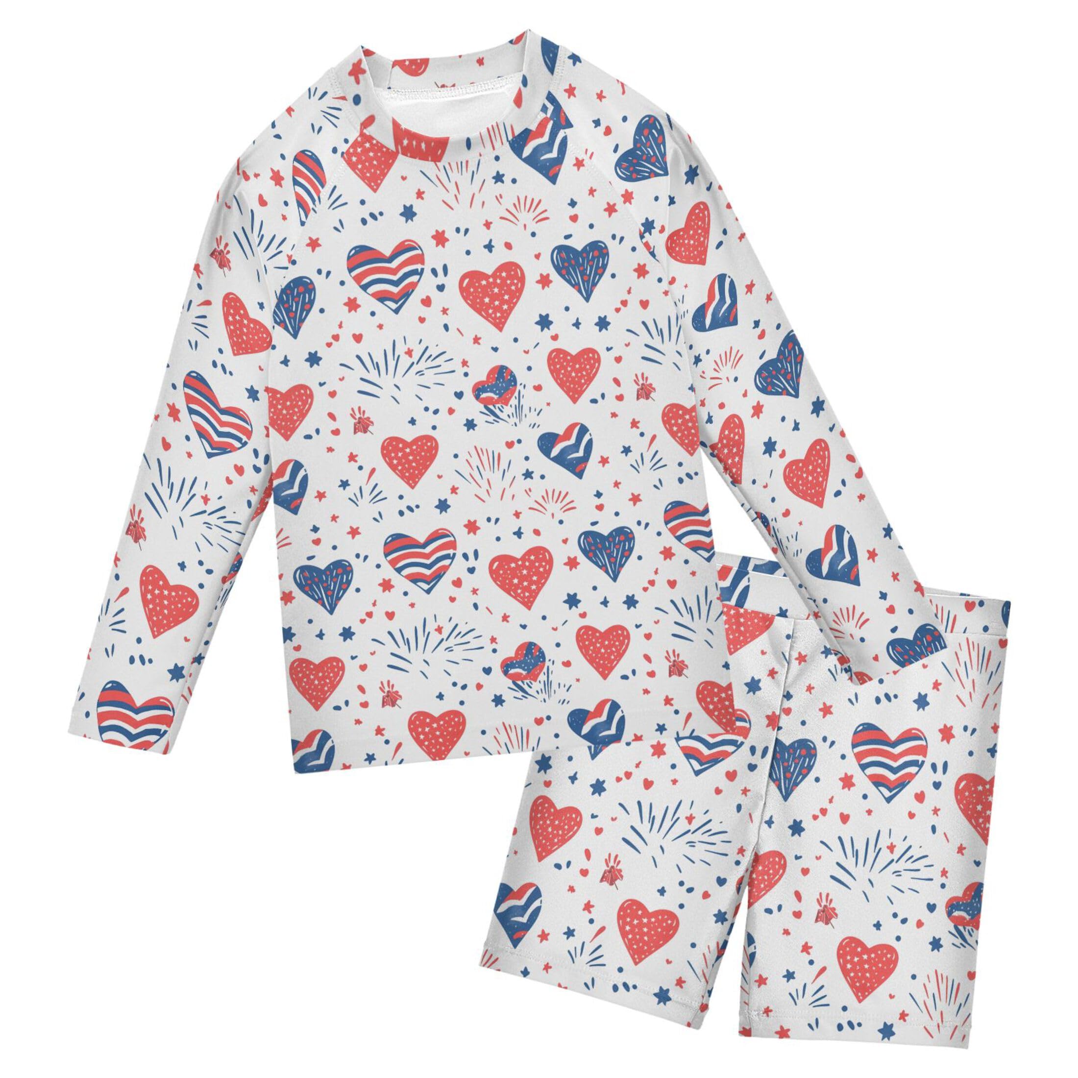 July 4th Independence Day Heart Boys Rash Guard Swimsuits Set Long Sleeve Swim Shirts Bathing Suits B0404585