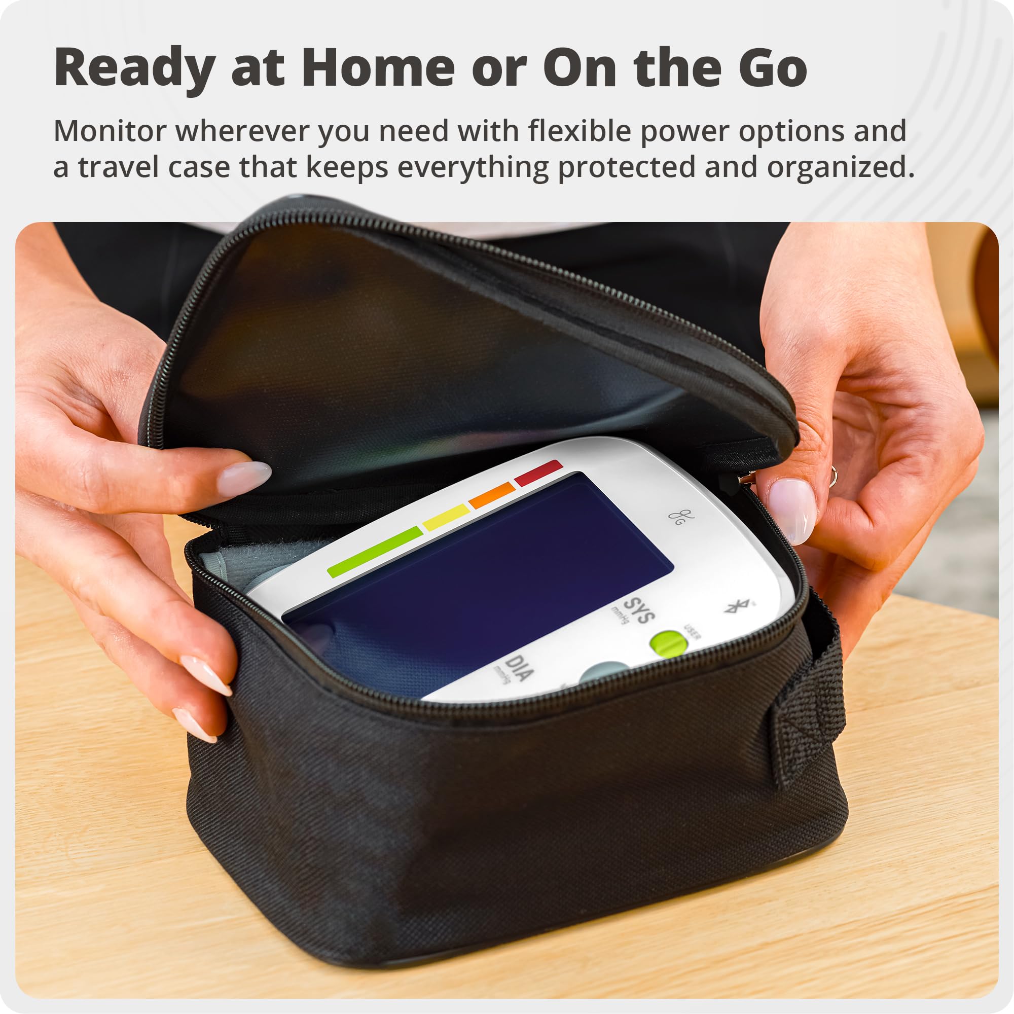 GreaterGoods - Juego completo de puños y kit de monitor de presión arterial, funda de transporte, baterías, enchufe, puño, monitor, aplicación gratuita para iPhone Android incluida, Full Kit, Blanco