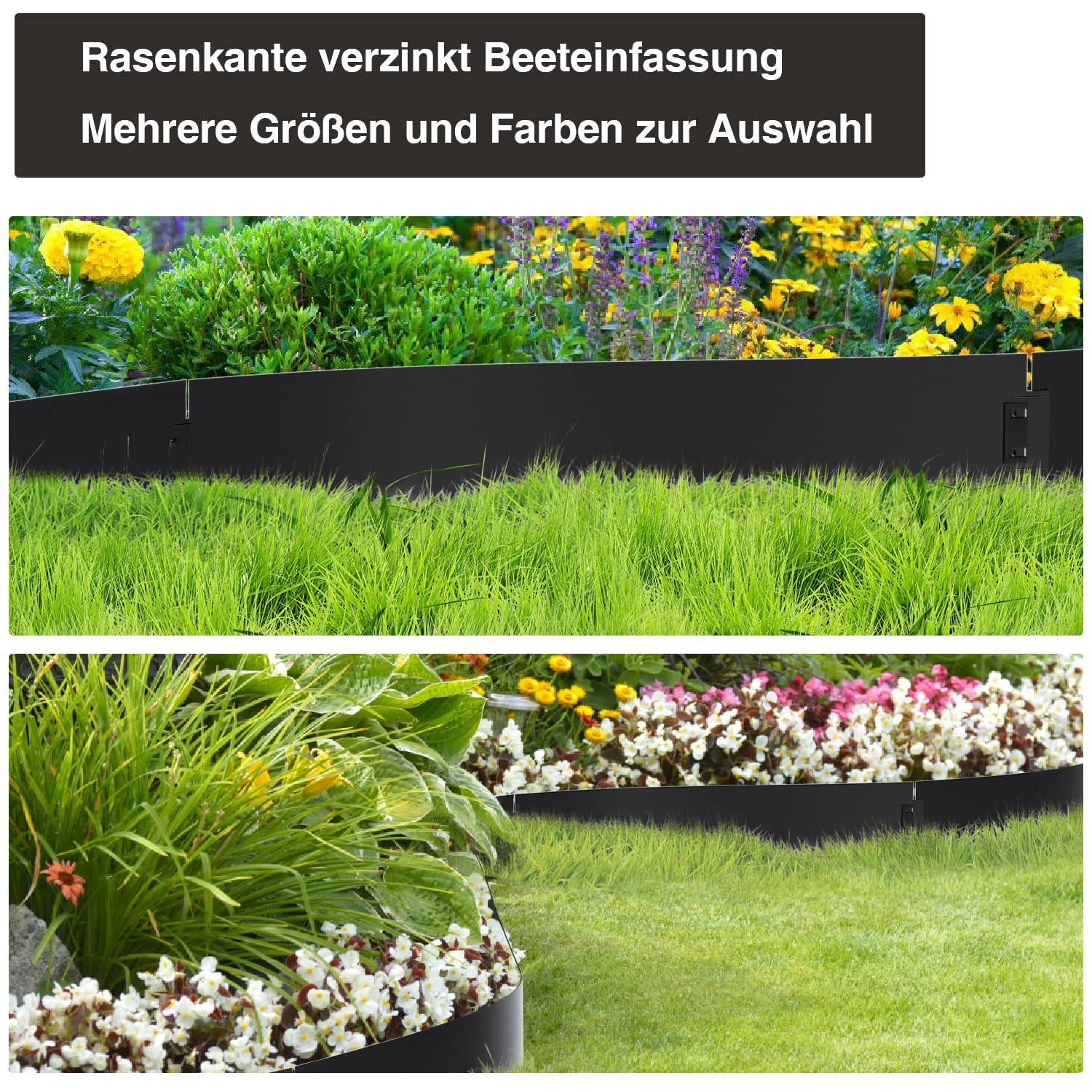 Bordure de pelouse en métal 20m - 20 pièces Bordure de Tonte, galvanisée Clôture de Jardin Bordure de Parterre Longueur par Bande 10m - Hauteur 18cm, Noir