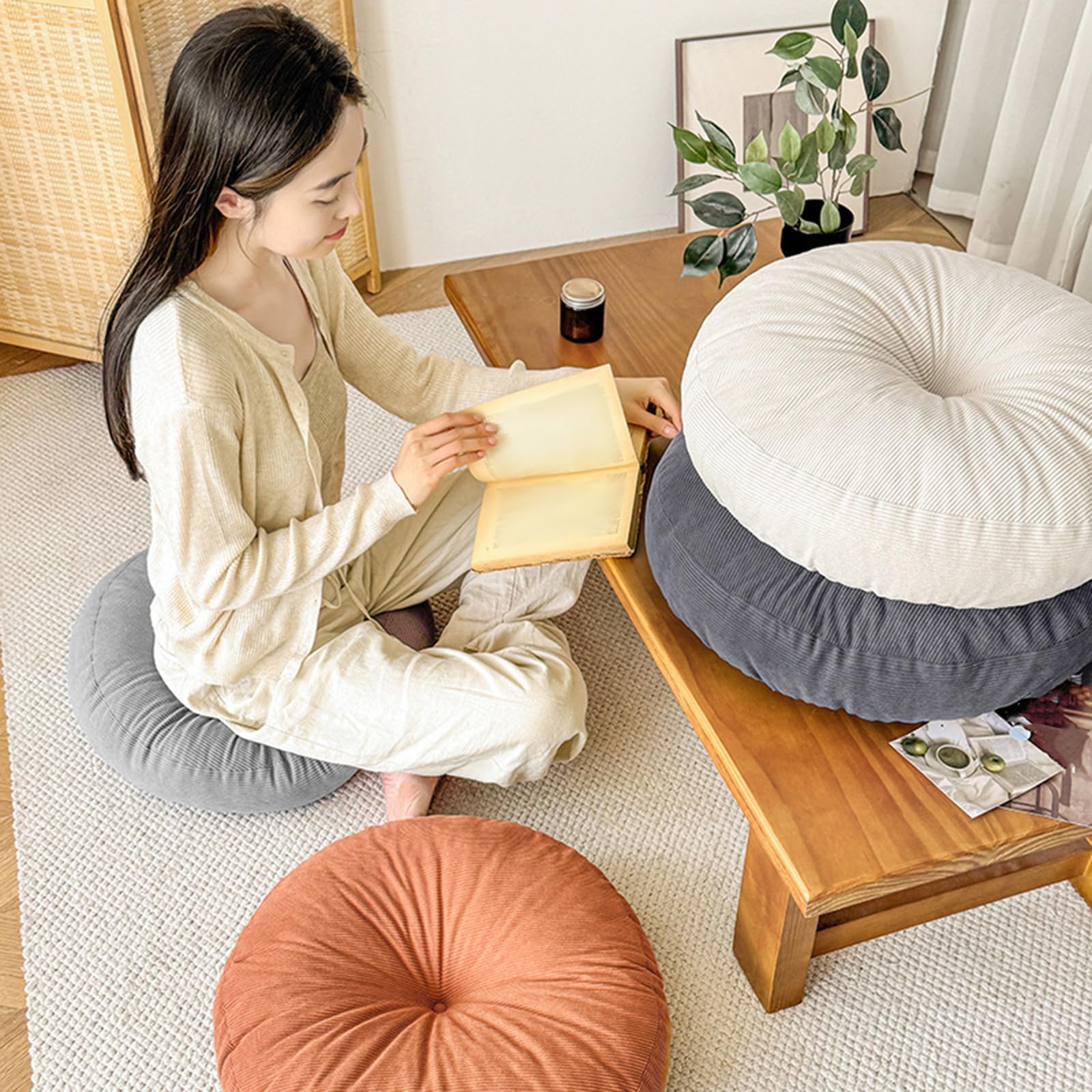 Cuscino Da Meditazione Rotondo in Velluto a Coste, Cuscino Da Terra Confortevole 40 Cm per Tatami, Seduta per Divano, Pavimento, Picnic O Seduta per Finestra a Bovindo, Beige.