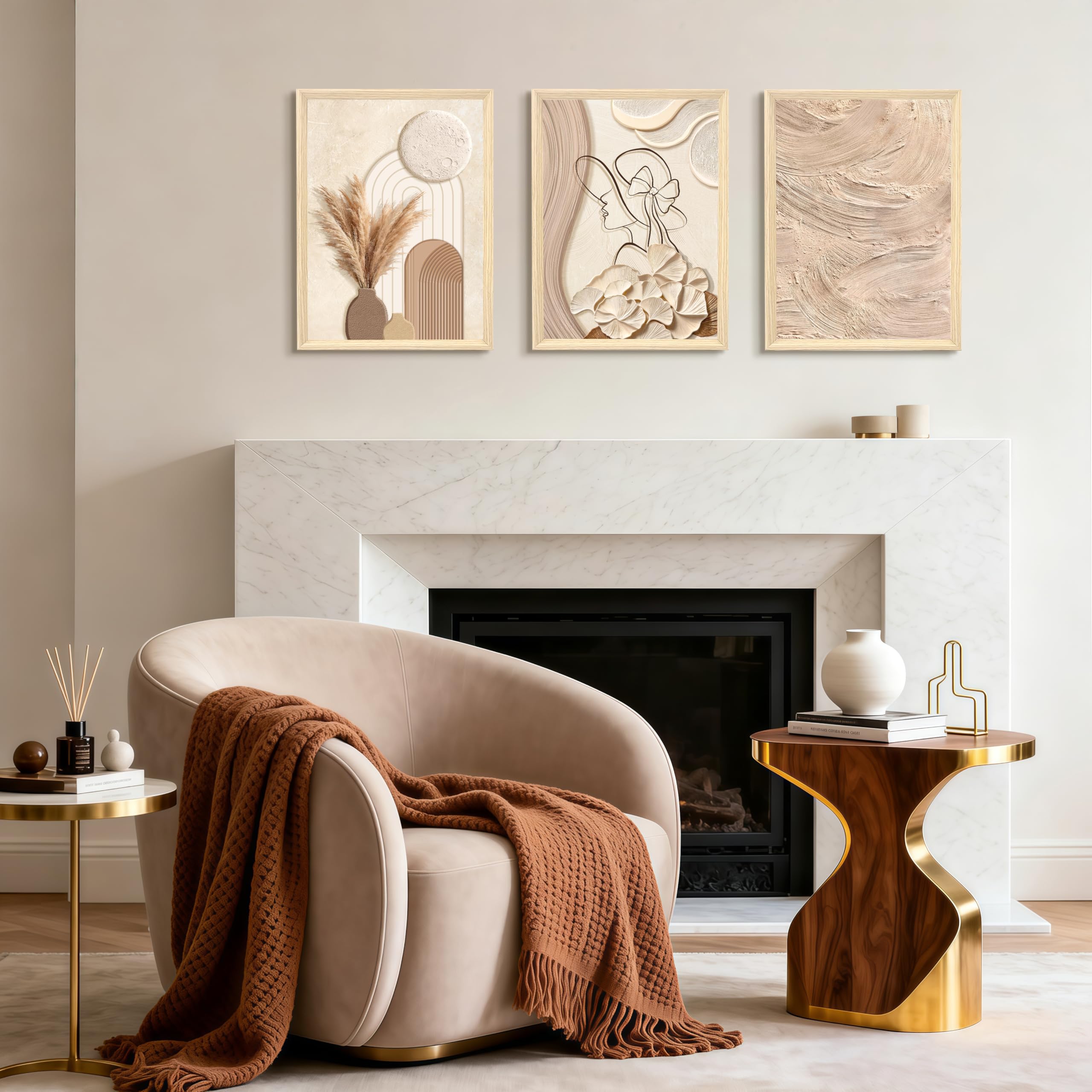 3Pcs Cadre en bois Impression sur Toile Beige Clair et Crème Tableau Silhouette Féminine Peinture Motif Abstrait Neutre Tableau Decoration Murale Salon Chambre Maison 30x40cm x3 (Pas de plexiglas)