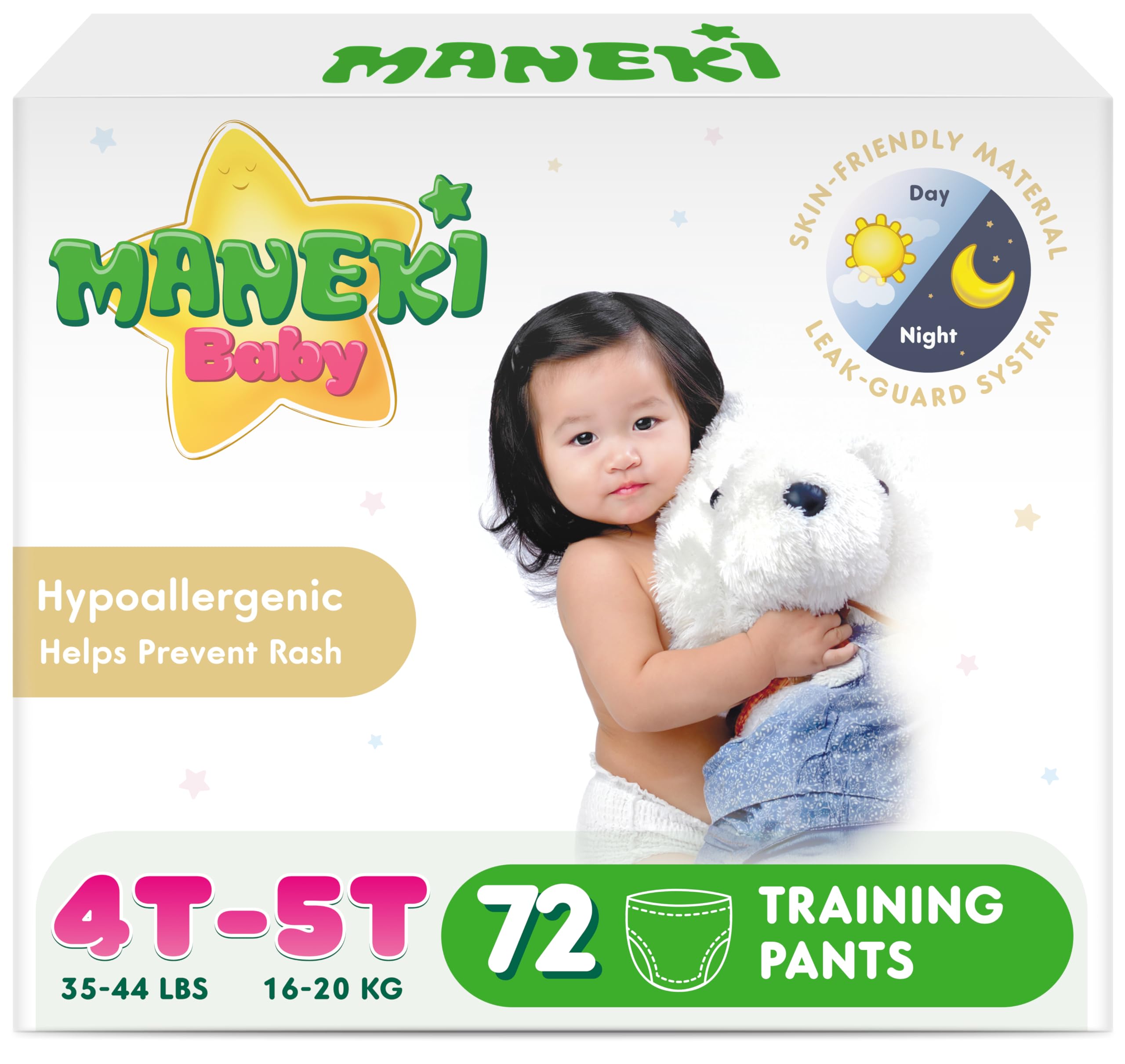 Maneki Baby Hypoallergenic Potty Training Pants 4T–5T, 72 Count (35–44 lbs), Pull-On Diaper Pants & Training Underwear, Soft, Unscented & High