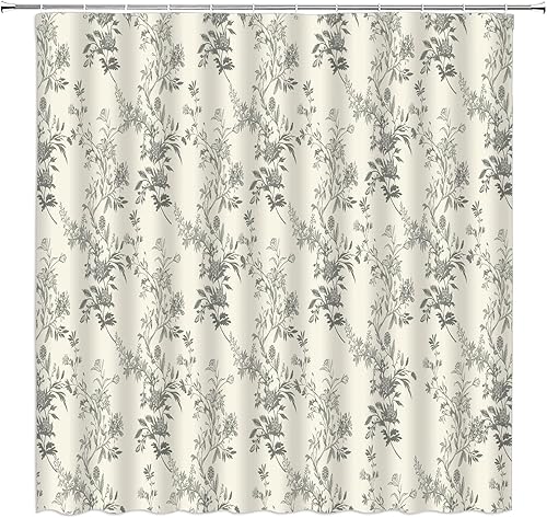 Cortina de ducha floral con hojas grises salvia, vintage, primavera, bohemio, retro, 70 pulgadas de ancho x 70 pulgadas de alto, cortina de