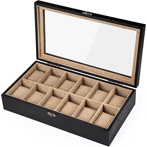 SRIWATANA Watch Box, Watch Case Organizer for Men Women, 12 Slot Watch Holder Display Case with Glass Top - Weathered Black