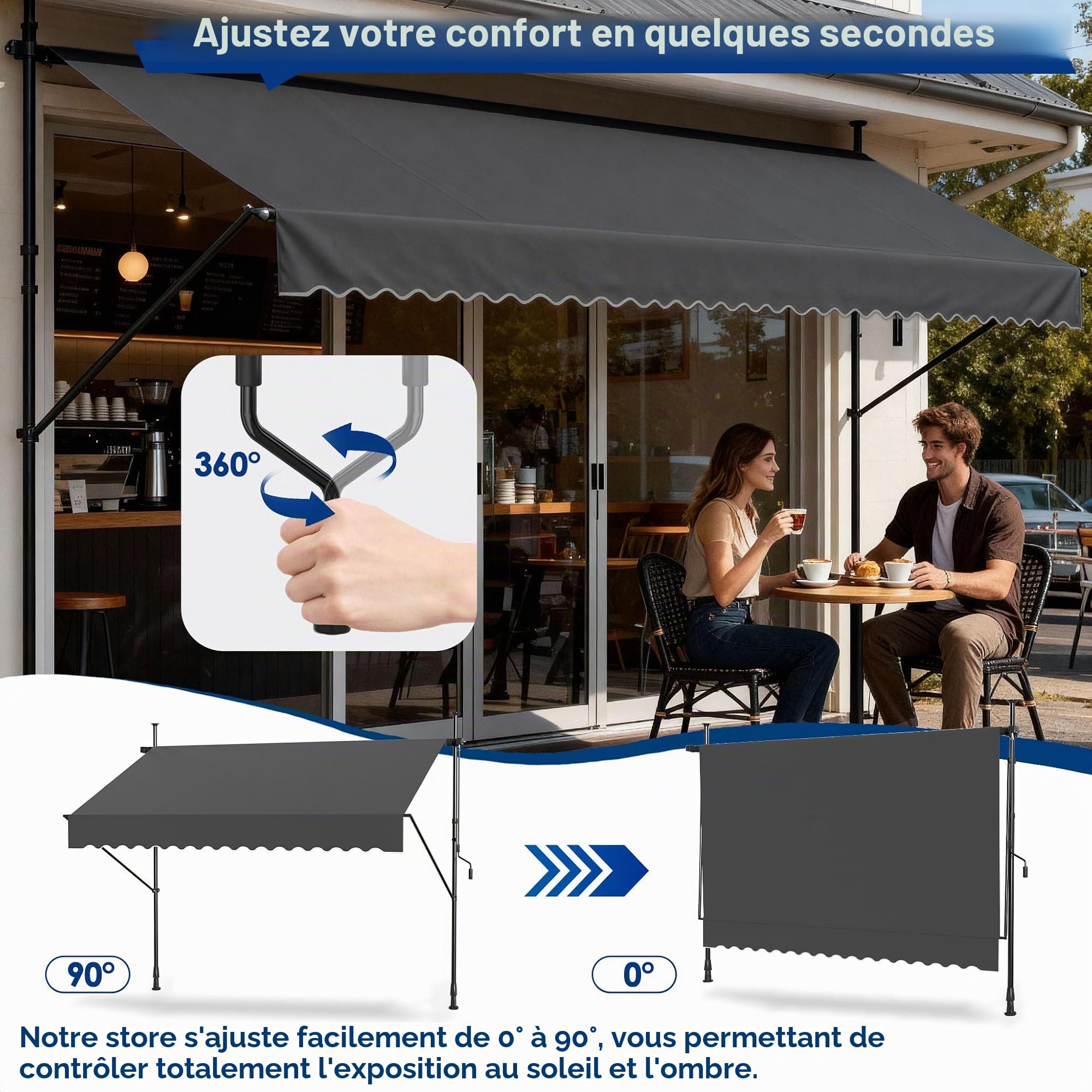UISEBRT Store de balcon réglable sans perçage, protection UV, protection solaire, résistant aux intempéries, gris foncé (3 x 1,20 m, gris foncé)
