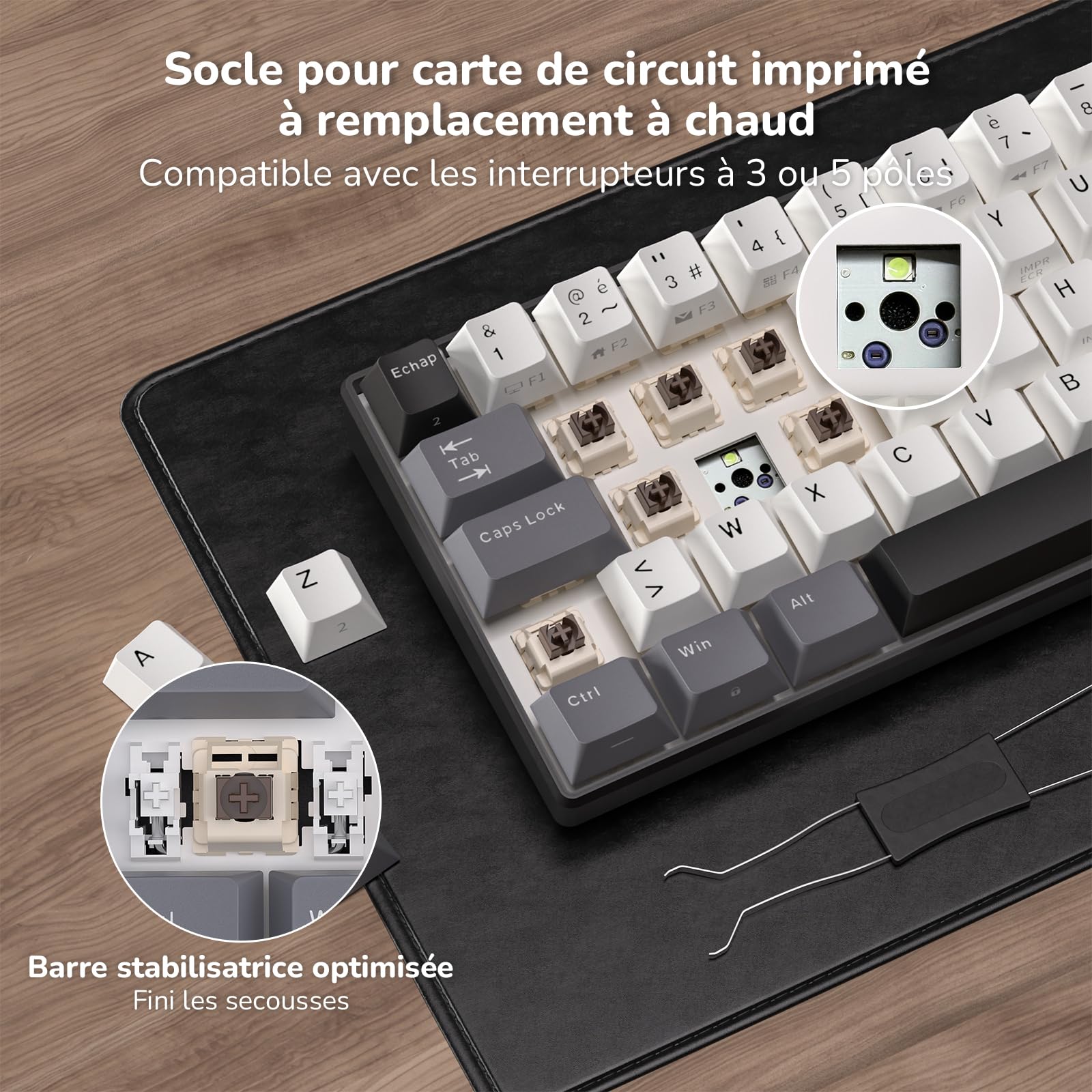 RK ROYAL KLUDGE RK61-FR Clavier de Jeu mécanique sans Fil, Clavier 60% avec Triple Mode BT5.0/2,4 GHz/USB-C, Touches en PBT, Logiciel Pro, Compatible Hot-Swap, Français AZERTY
