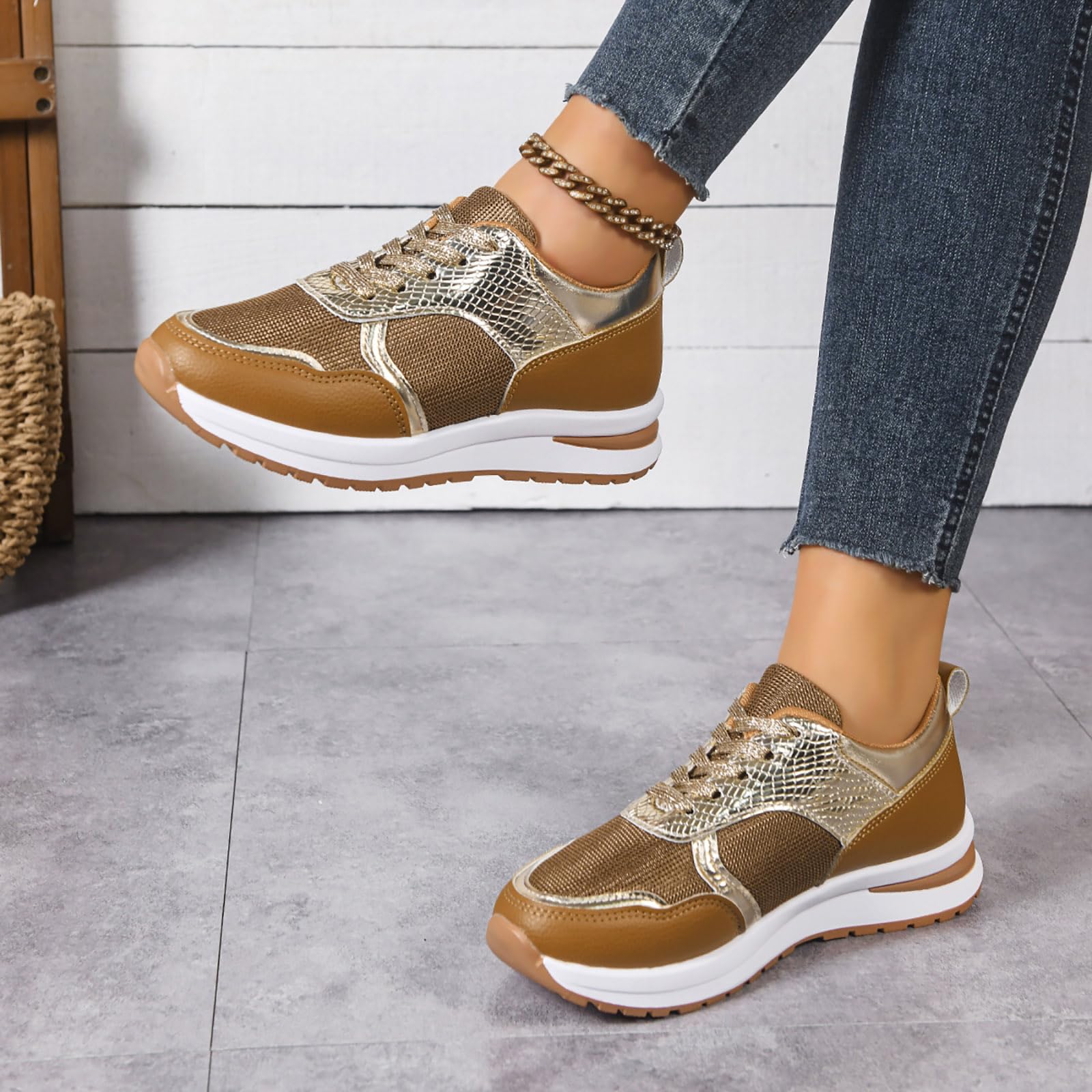 Genérico Zapatillas Deportivas Casuales Mujer Piel Sintética con Parches, Suela Suave Planas Punta Puntiaguda Cómodas