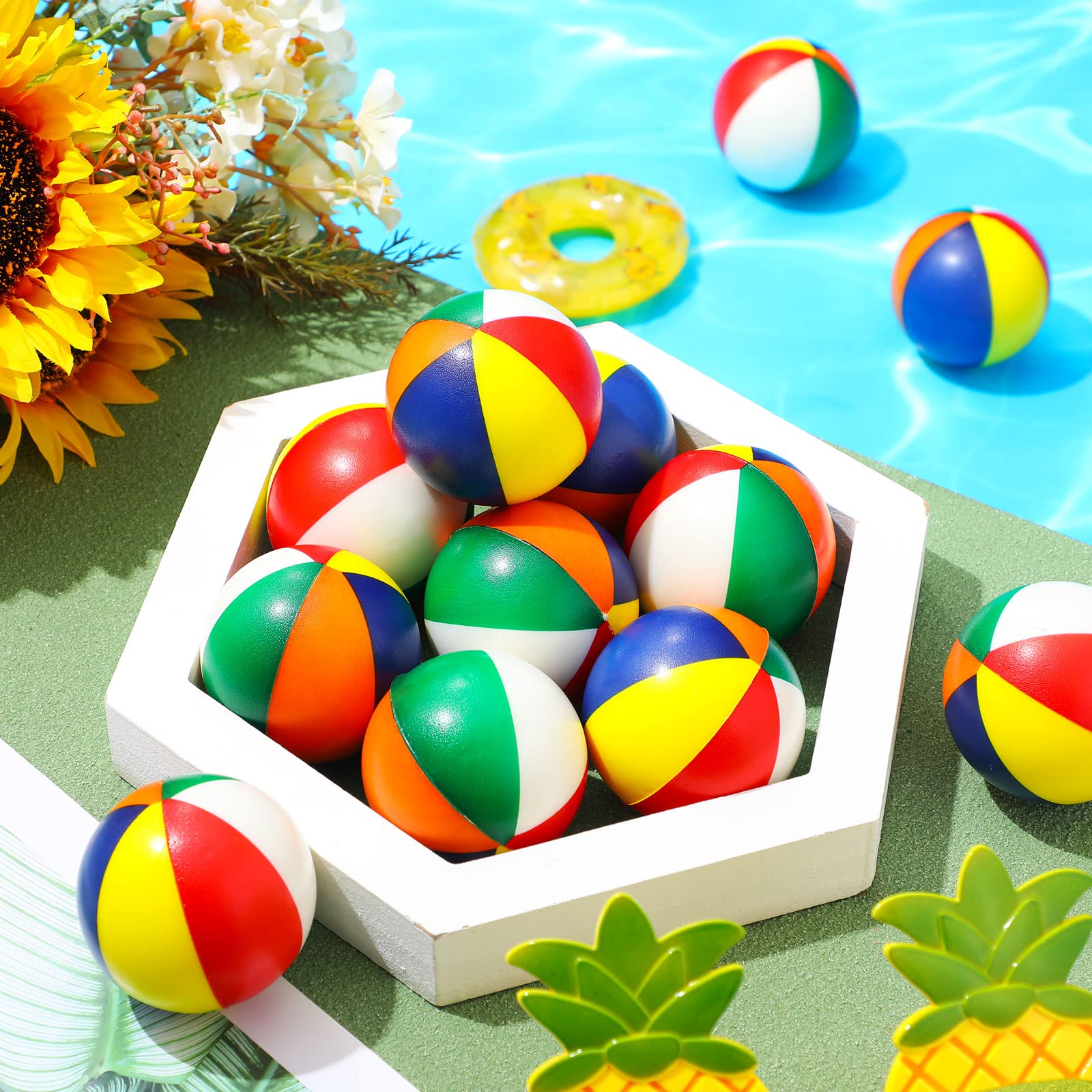 24 mini bolas de estrés para la playa de 2.5 pulgadas, espuma de poliuretano, para aliviar el estrés, mini bolas de playa de arcoíris, juguetes para niñas, niños, cumpleaños, playa, fiesta 7