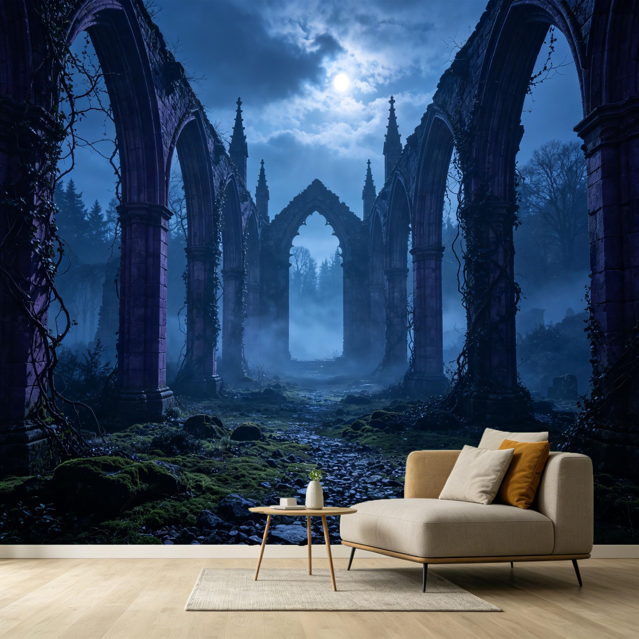 Custom Size Wall Murals Gothic Ruins Cathedral Landscape Night Moonlight Stone Archway SelfAdhesive Wall Fabric Removable Large Wallpaper for Photo Living Room