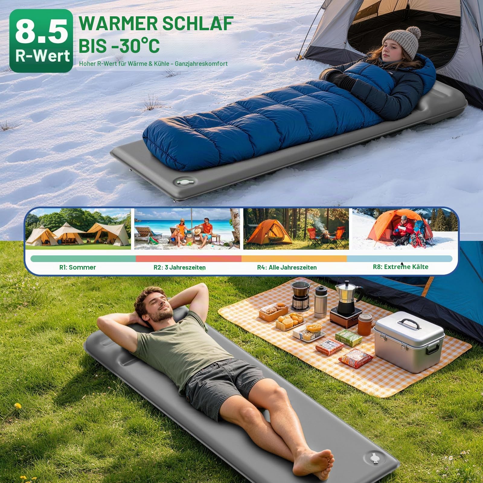 WARMTUYO Camping Isomatte, R-Wert 8,5, Extra Warme Schaumstoff-Schlafmatte mit Integriertem Kissen, Komfortable Camping Matratze für 4 Jahreszeiten, Trekking, Wandern und Zelt