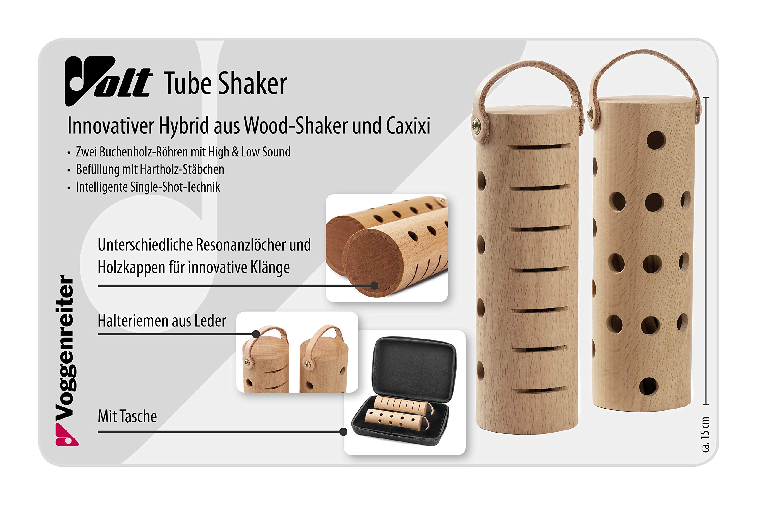 Tube Shaker Set Percussion Caxixi Hybrid Instrument para sonidos innovadores (15 x 5 cm, madera de haya, soporte de piel, incluye funda), color marrón