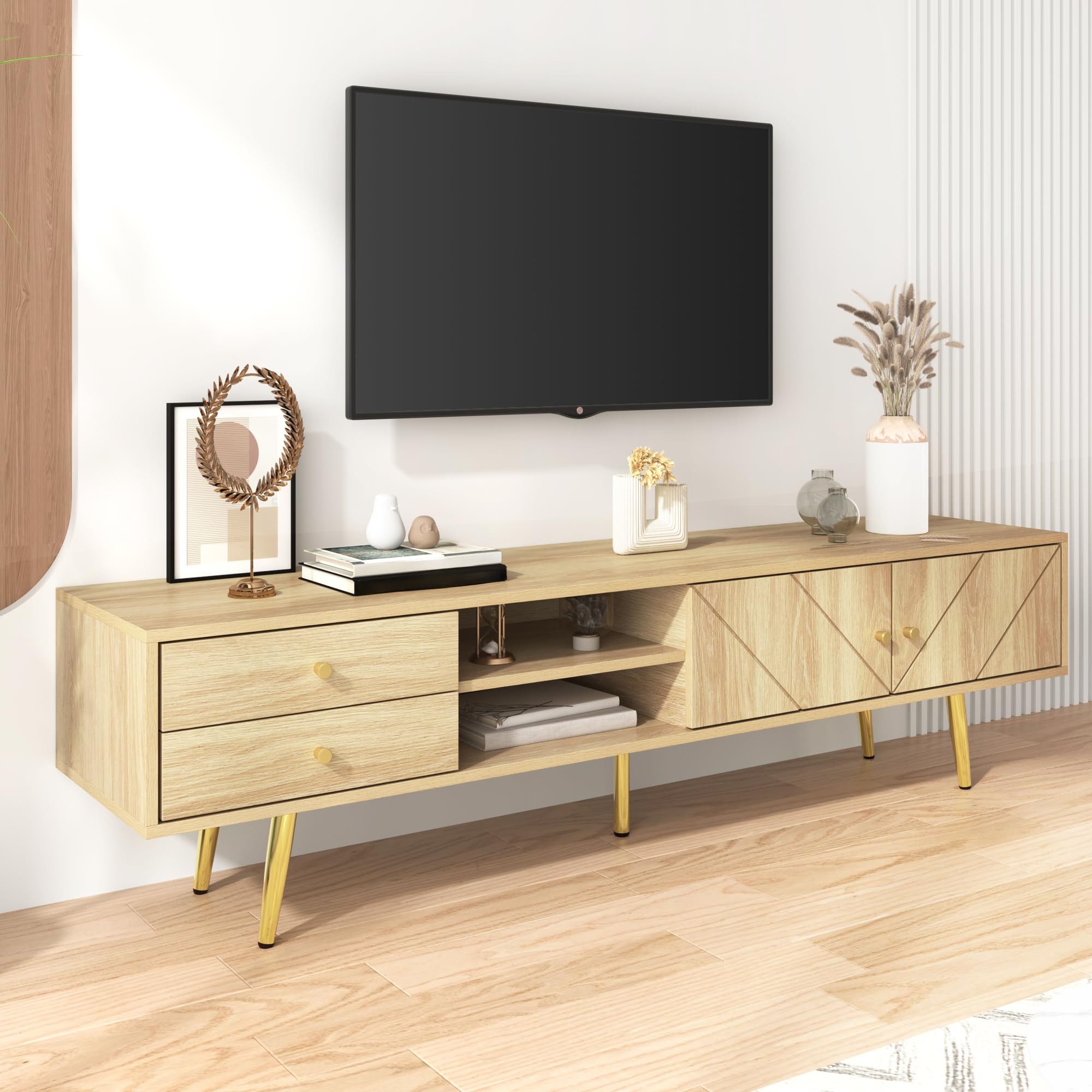 BTM Meuble TV 160 cm avec Pieds dorés - Meuble TV Moderne avec 2 tiroirs et 2 Portes - Durable - Grand Espace de Rangement, Bois - 160x36x42 cm