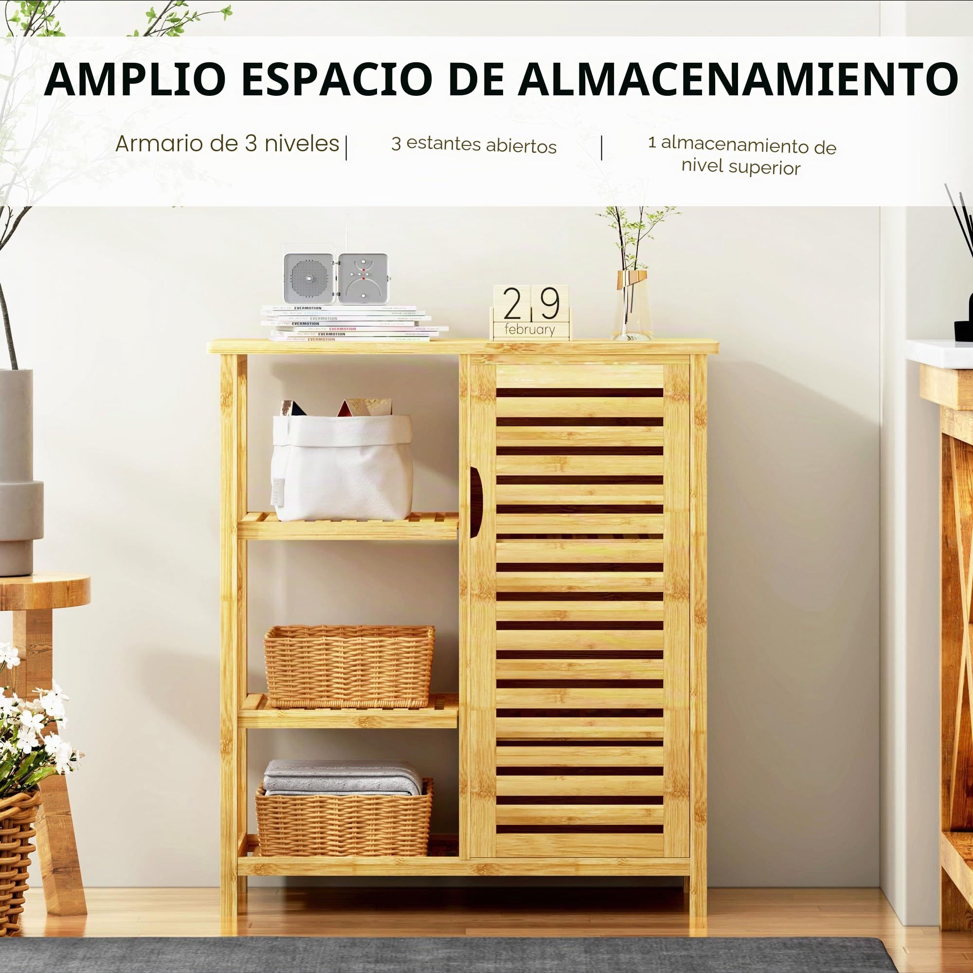 SogesPower Gabinete de Almacenamiento de Piso de baño con Puerta y estantes, Organizador de Almacenamiento Independiente con Puerta de Obturador, gabinete de bambú de 3 Niveles para Cocina, Sala