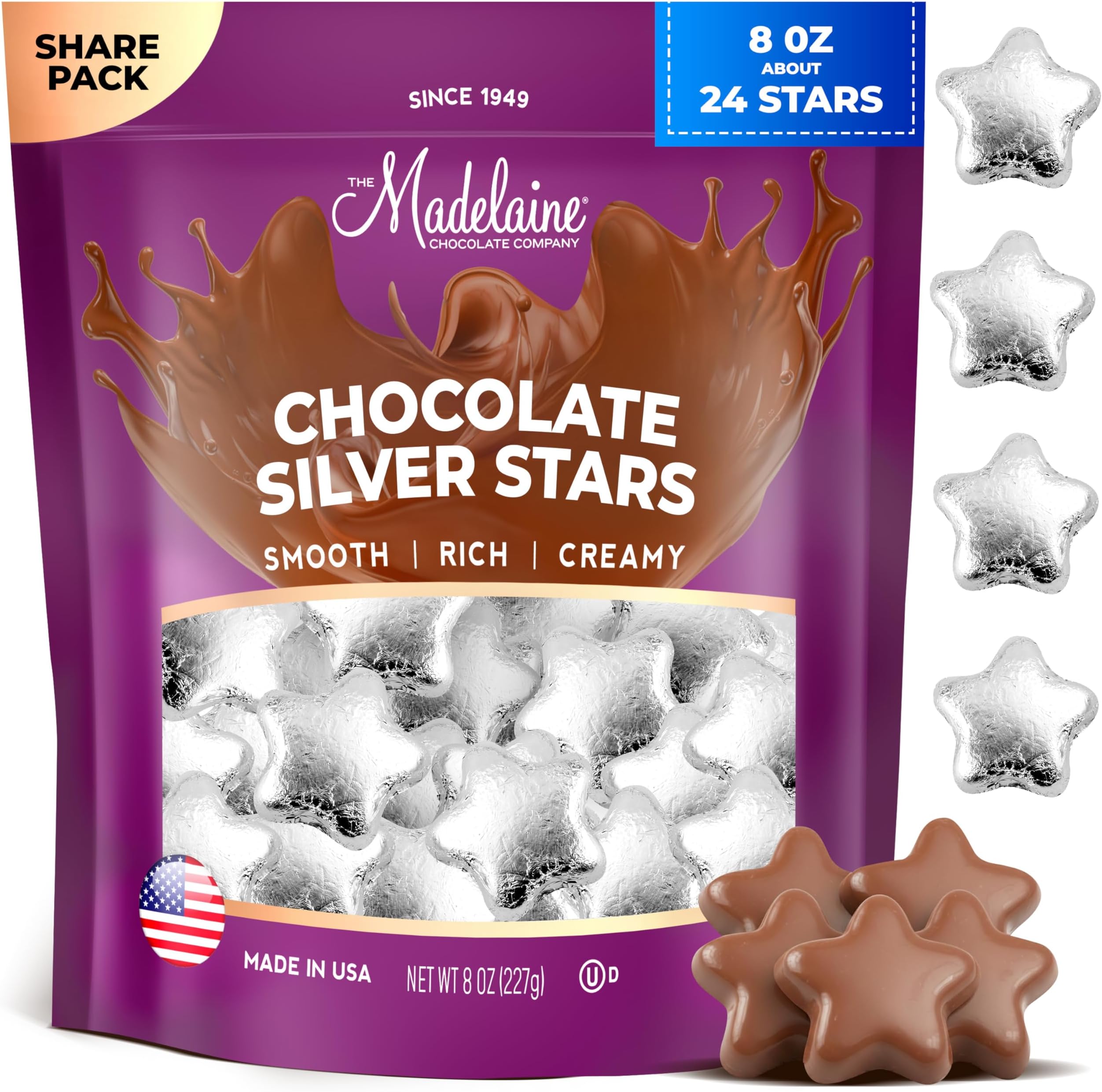 Madelaine Chocolate Silver Stars - Easter Candy Party Favors - 24 Milk Chocolate Candy Individually Wrapped In Silver Foil for Party Decorations 8 Oz Bag