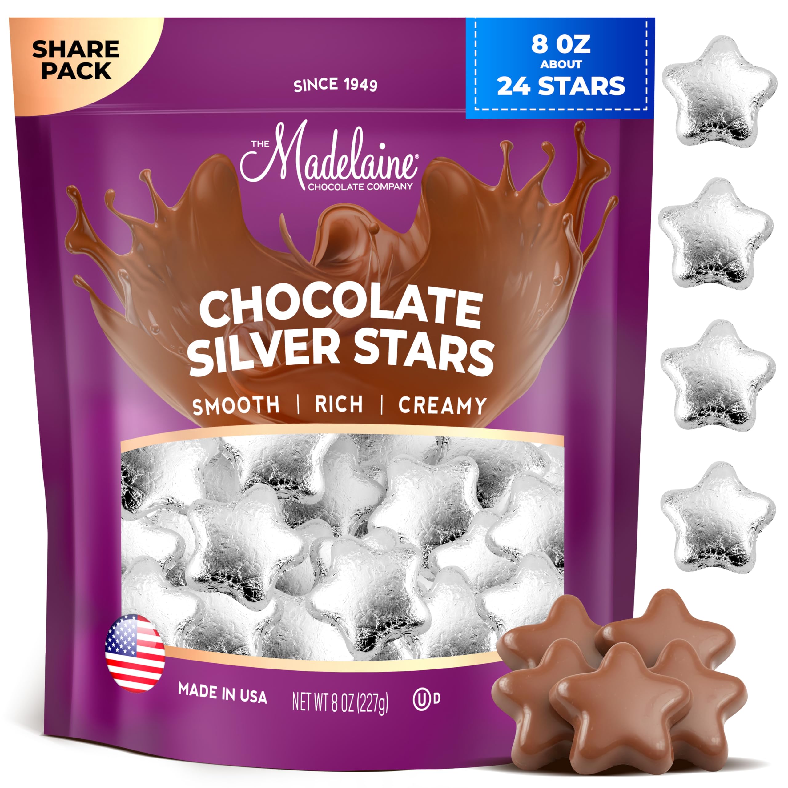 Solid Premium Milk Stars, Wrapped In Italian Foil (Silver, 1/2 LB)