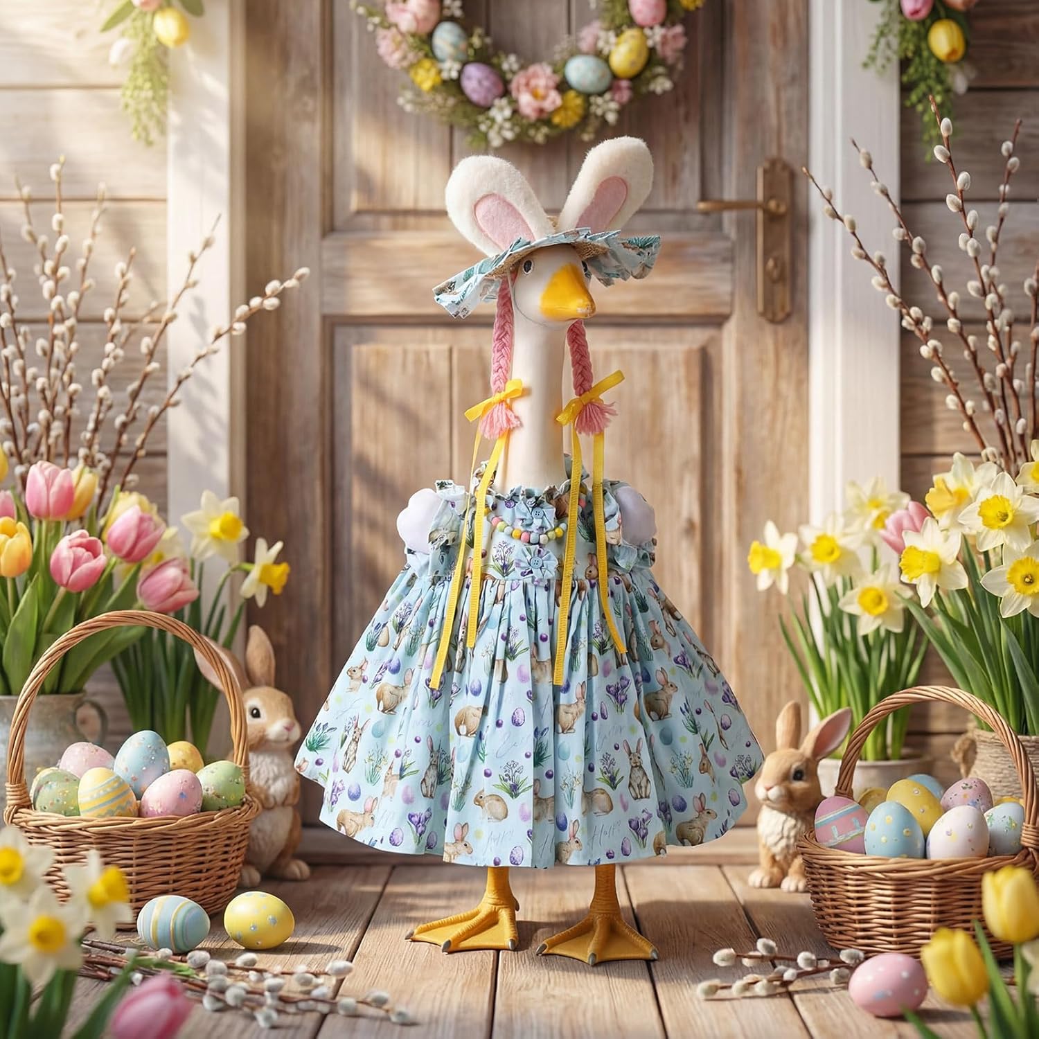 FuWeave 3 Pcs Easter Goose Outfit Bunny Eggs Lawn Porch Goose Clothes for 23" Cement Statue Outdoor Patio Yard Lawn Art Decoration (Rabbit)