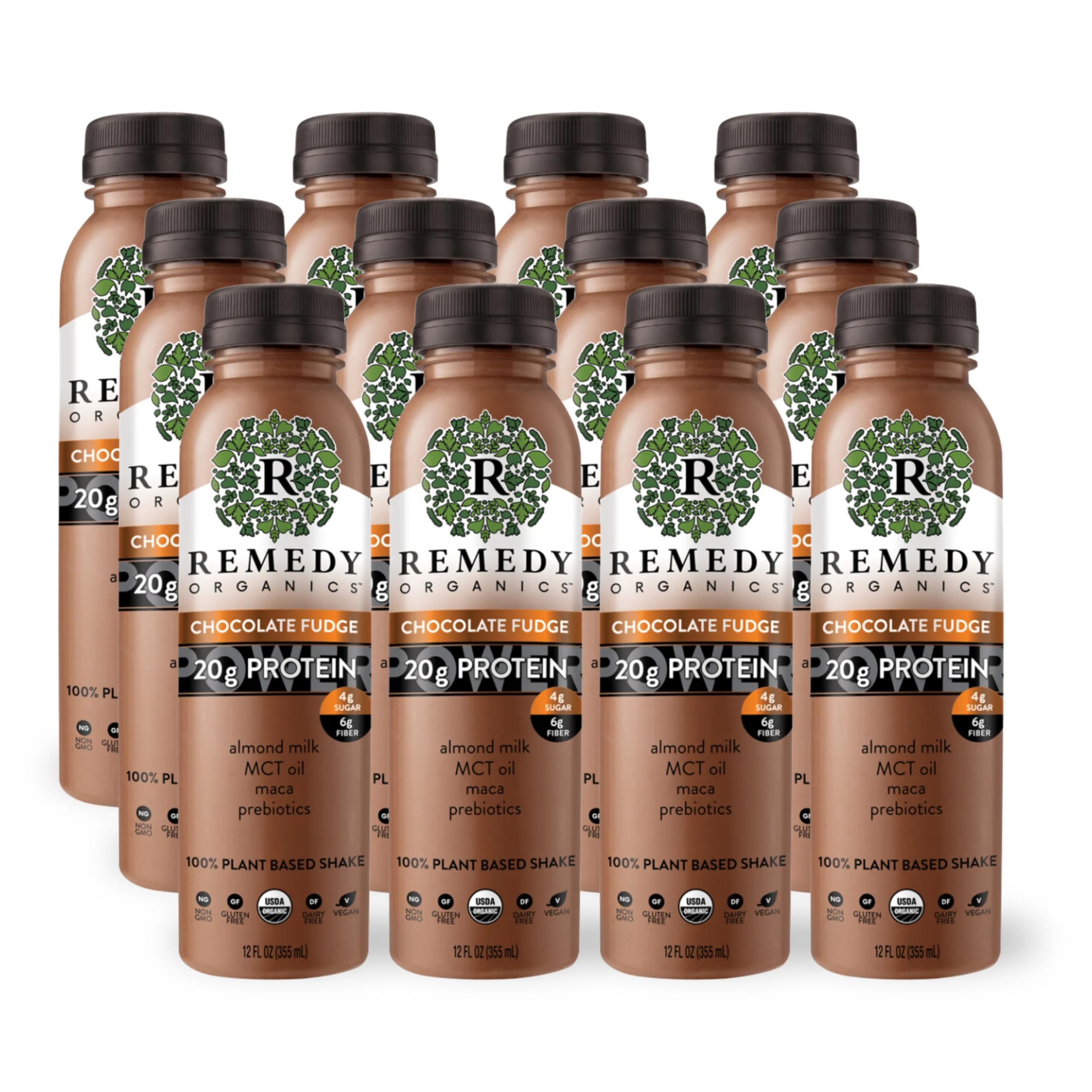 Chocolate Fudge Power 12-Pack | Plant Based MCT Oil Protein Shakes, Ready to Drink | USDA Organic, Vegan, Gluten Free, Dairy Free, Soy Free | 12 Chocolate Fudge Bottles