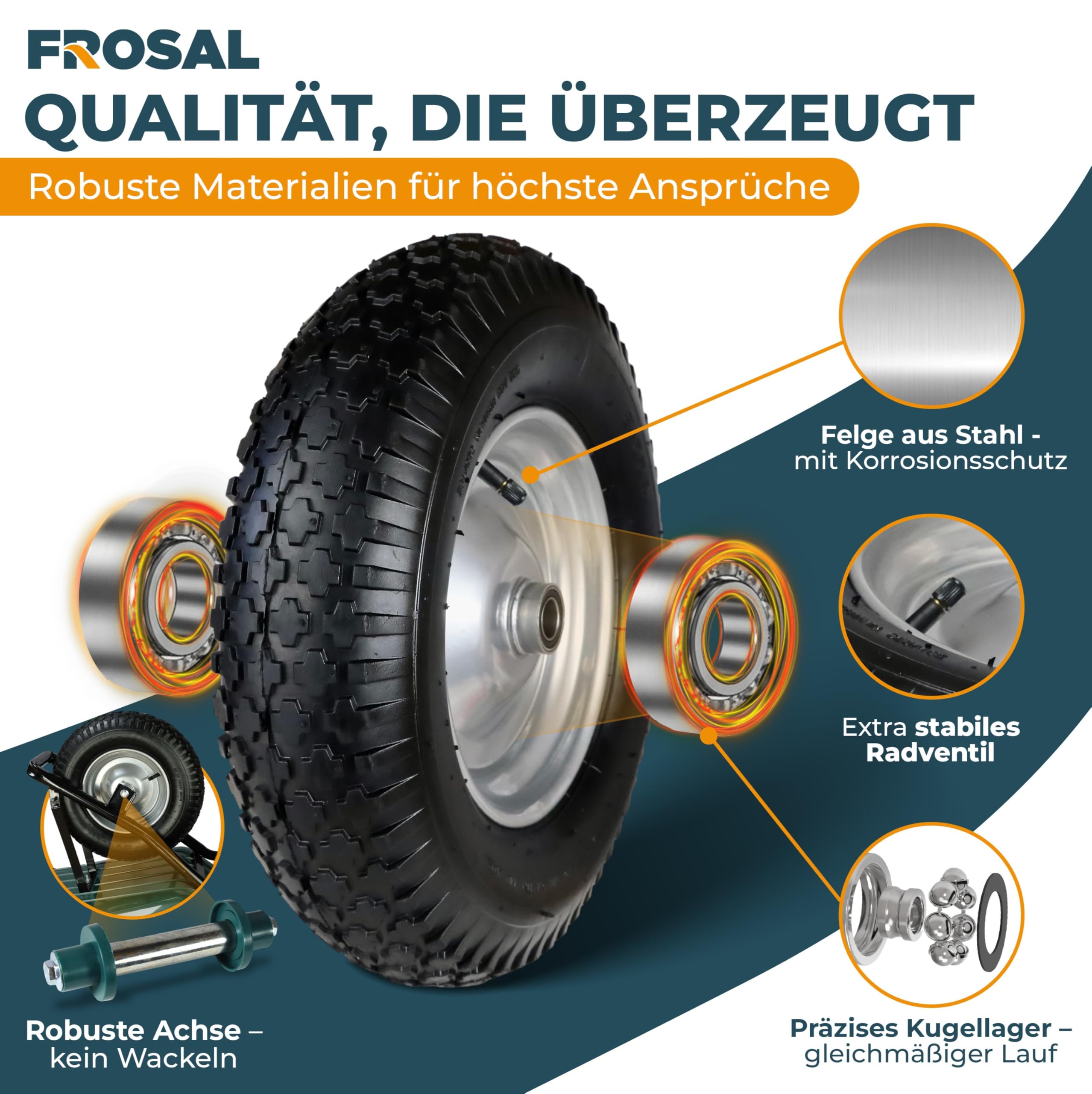 FROSAL Schubkarrenrad 400 mm mit Schlauch inkl. Achse – Ersatzrad 4.80/4.00-8 mit 20 mm Achse – Ø ca. 380–400 mm, Breite ca. 100 mm – Stahlfelge silber mit Kugellager