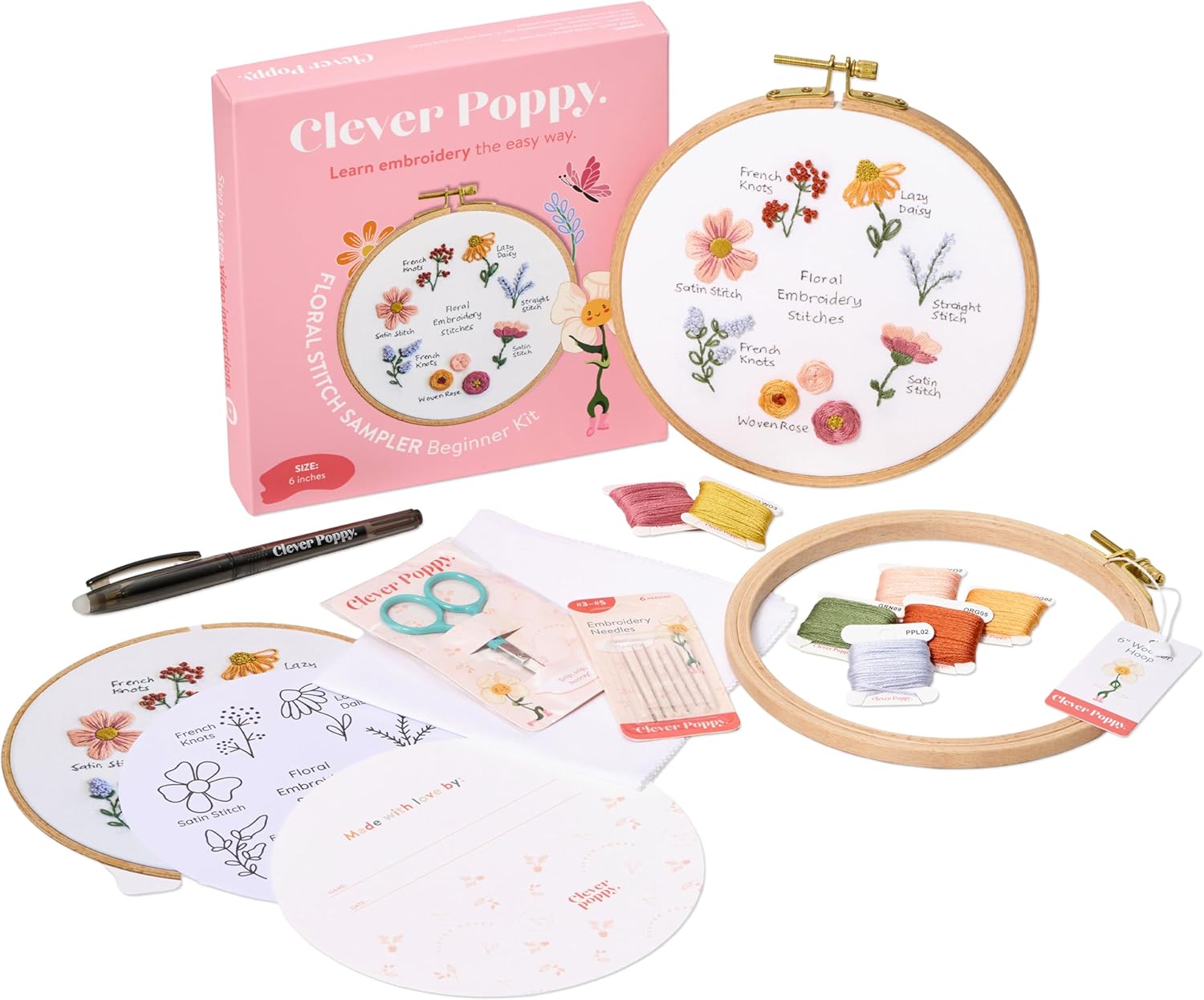 Clever Poppy Floral Stitch Sampler Beginner Embroidery Kit – Easy Embroidery Kit for Beginners with Hoop, Thread & Patterns – Hand Embroidery Kit for Adults and Teens – Complete Embroidery Starter Kit