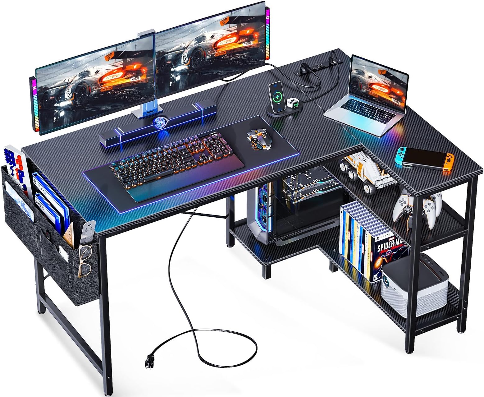 48 Inch Small L Shaped Gaming Computer Desk with Power Outlets,Corner Desk with Reversible Storage Shelves & PC Stand for Small Space, Modern Simple Home Office Table, Carbon Fiber Surface, Black