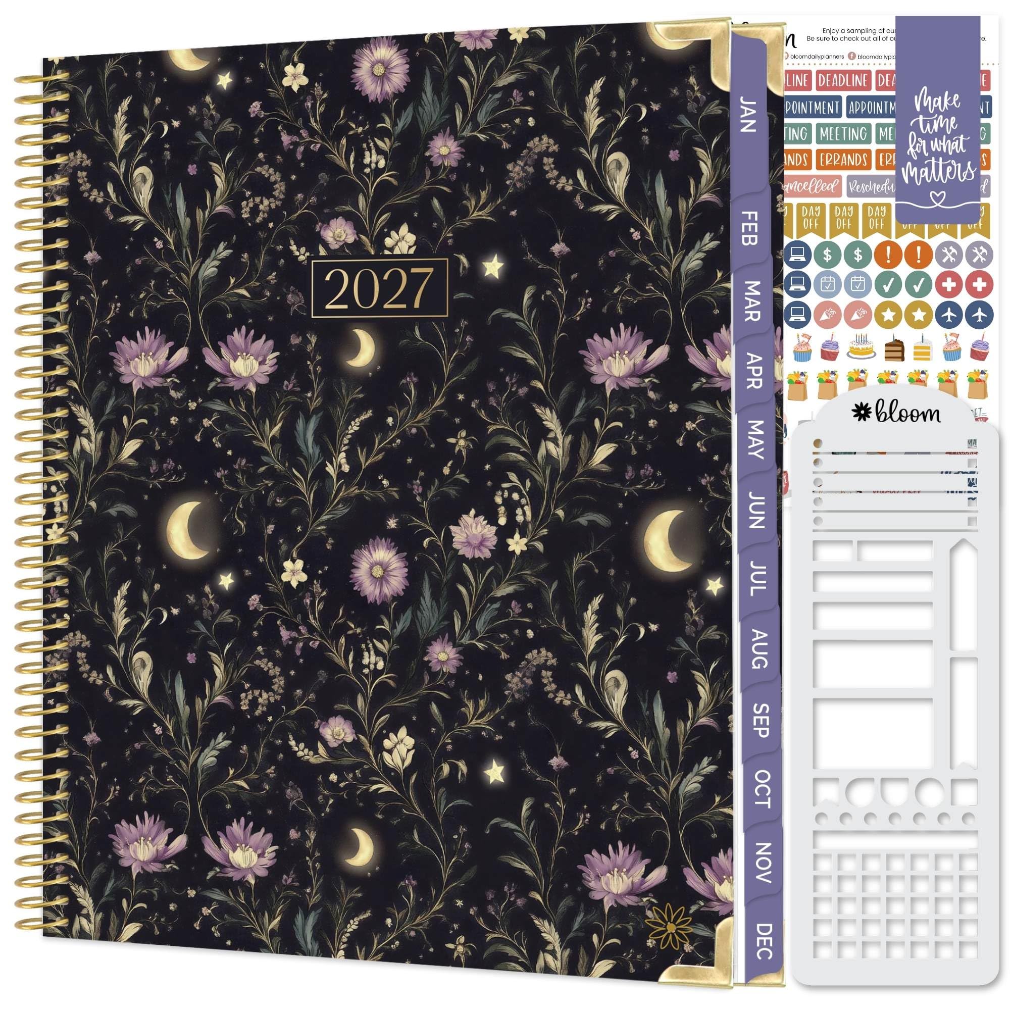 bloom daily planners Hardcover Planner 2027 (21,6 x 27,9 cm) da gennaio a dicembre 2027, agenda per obiettivi da donna, agenda mensile e settimanale ispiratrice - Moonlit Garden