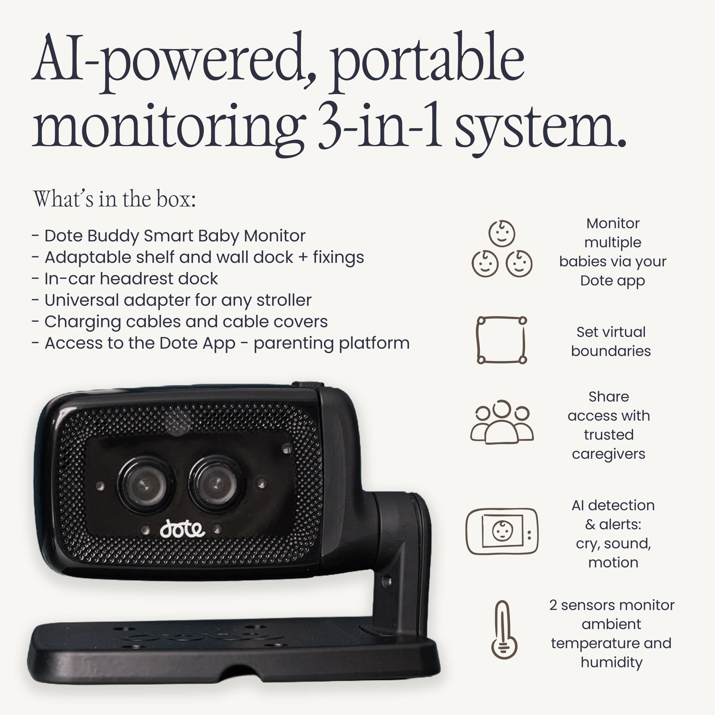 dote Buddy Portable Baby Monitor for Home, Car & Stroller. Built-in AI-Powered Parenting Assistant. 2.5k QHD WiFi Camera, Night-Vision, Smart Cry Detection, Virtual Boundaries — view 6