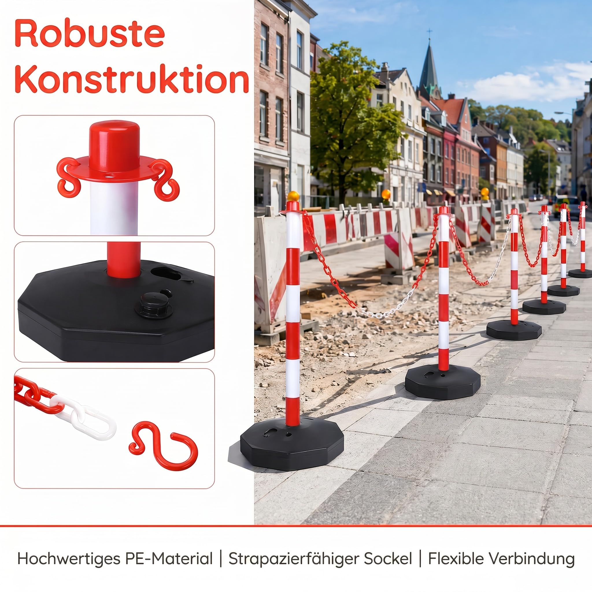 Zestaw 6 słupków z tworzywa sztucznego z paskami odblaskowymi, napełniana podstawa i łańcuch z tworzywa sztucznego dla stabilnych blokad, łatwy transport na parkingu, prowadzeniu osób i