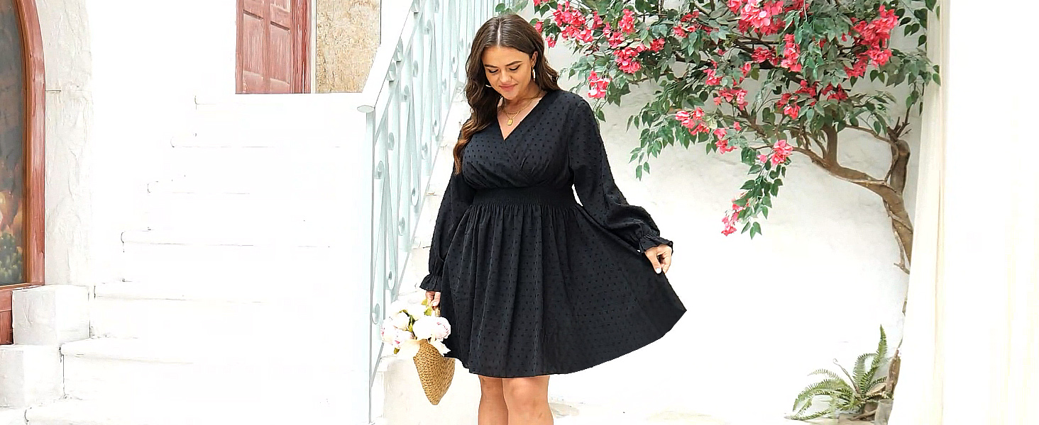 Plus Size Wrap Dress Casual Long Sleeve V Neck Swiss Dot Smocked Waist A Line Mini Dresses for Women Burgundy at Amazon Women's Clothing store