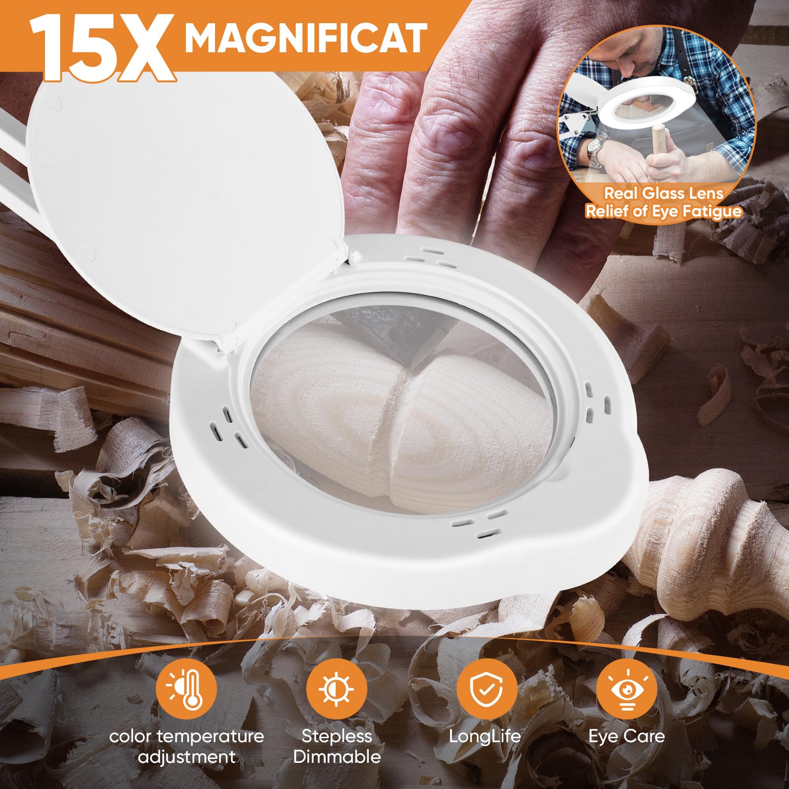 15x Lupa con Luz y Soporte, Lámpara de Aumento LED con Luz Base Grande y Abrazadera, 5 modos de color, 10 Niveles de Brillo, brazo giratorio de 360°, Lampara Lupa Led para Lectura, Reparación(WH)