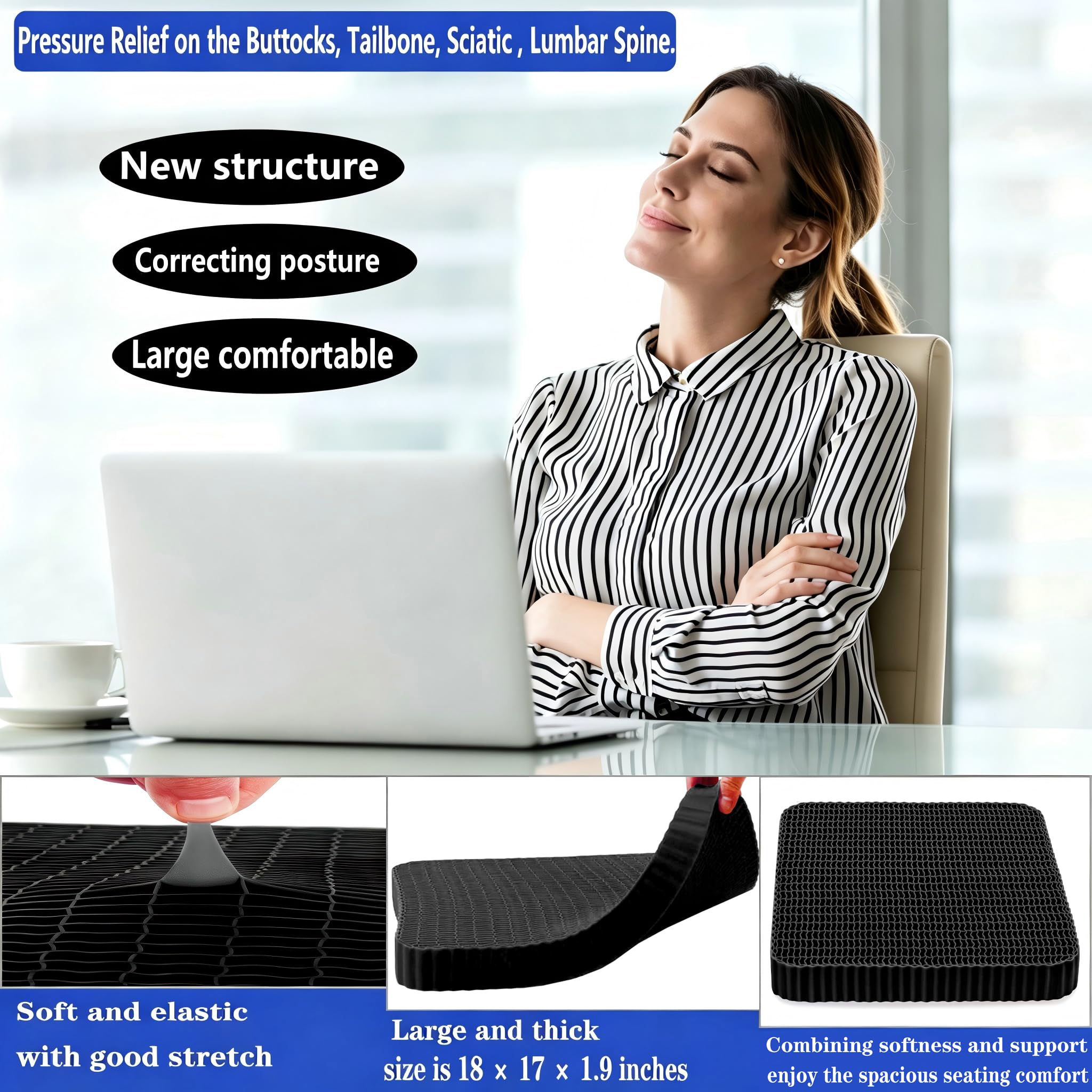 Cuscino da seduta in gel taglie forti per seduta lunga, cuscino per schiena, fianchi, sciatica, dolore al coccige, da utilizzare per auto, ufficio, sedia a rotelle, stadio, candeggina,