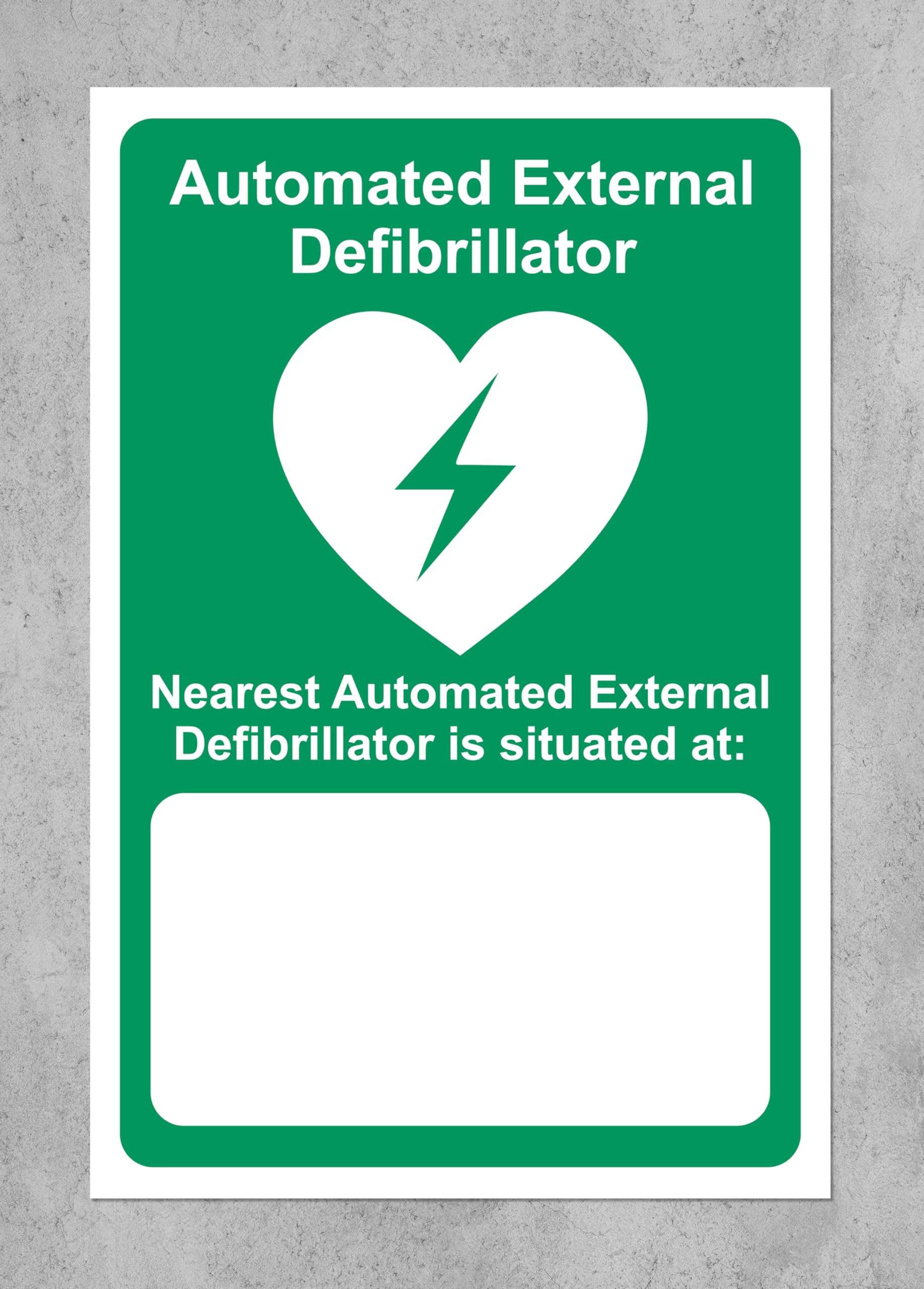 AED Safety sign - your nearest automated external defibrillator is situated at emergency sign - 1.2mm Rigid plastic 300mm x 200mm Case (Pack of 20)