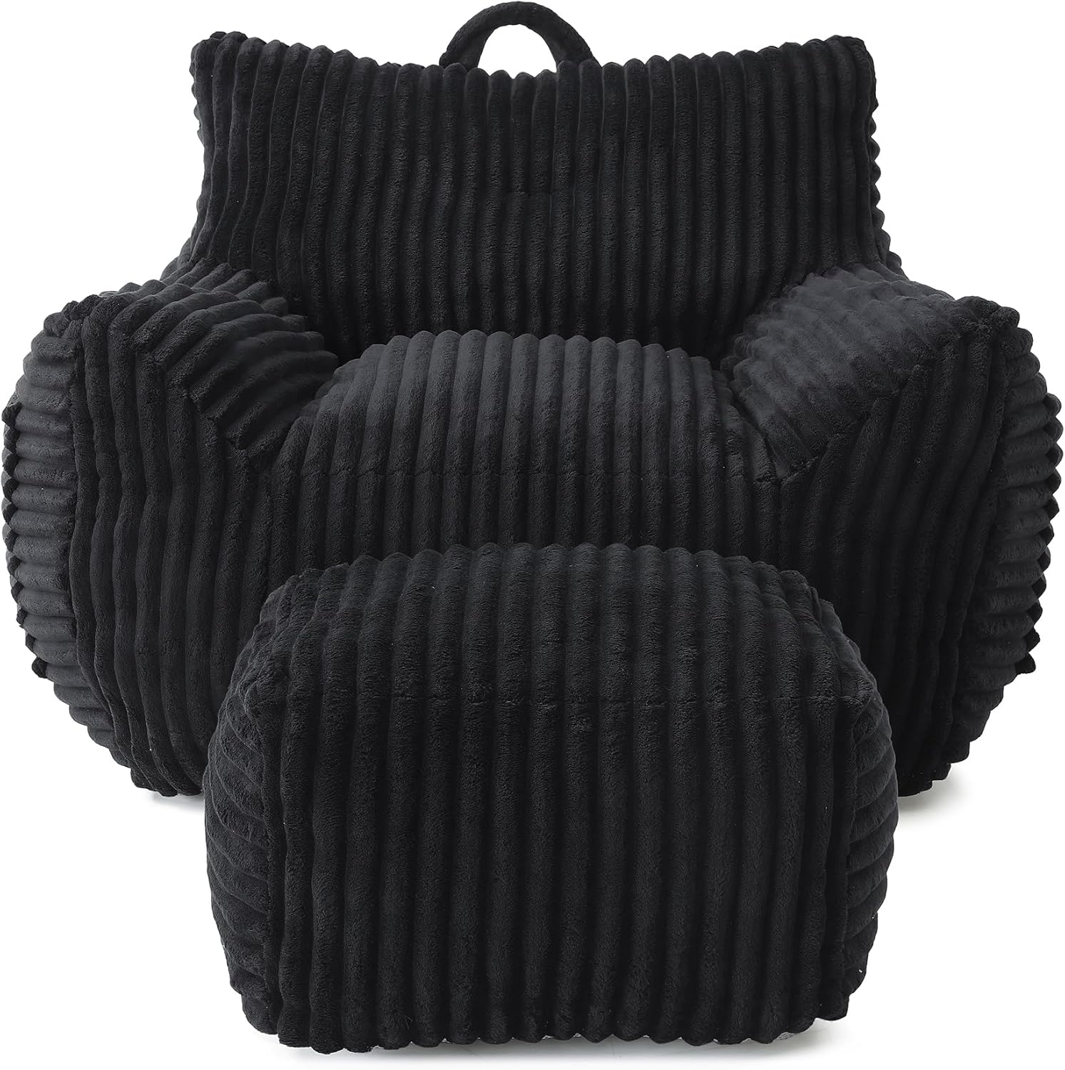 KEIKI Large Bean Bag Chair with Footstool, Oversized Beanbag Lazy Sofa Chair for Adults & Kids, Space Saving Corduroy Couch for Living Room Reading, No Assembly Required Accent Chaise Lounge, Black