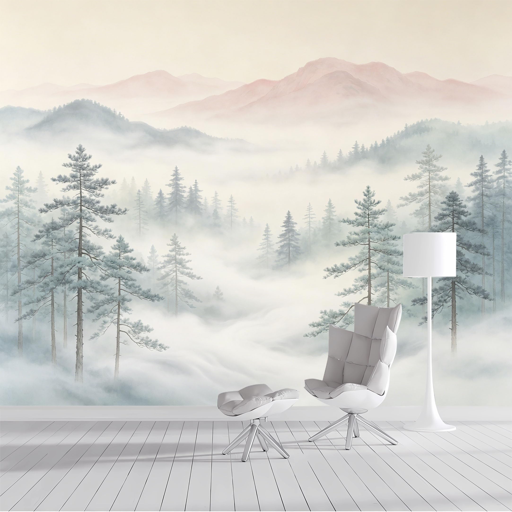 Custom Size Wall Mural Misty Pine Forest Mountain Landscape Watercolor Style SelfAdhesive Wall Fabric Removable Peel and Stick Wallpaper Wall Decor for Living Room Bedroom Bathroom