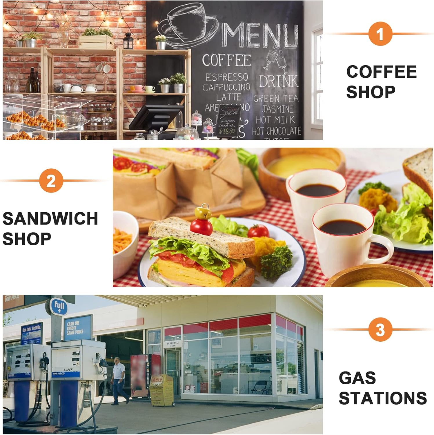 Examples of display case use in coffee shops, sandwich shops, and gas stations