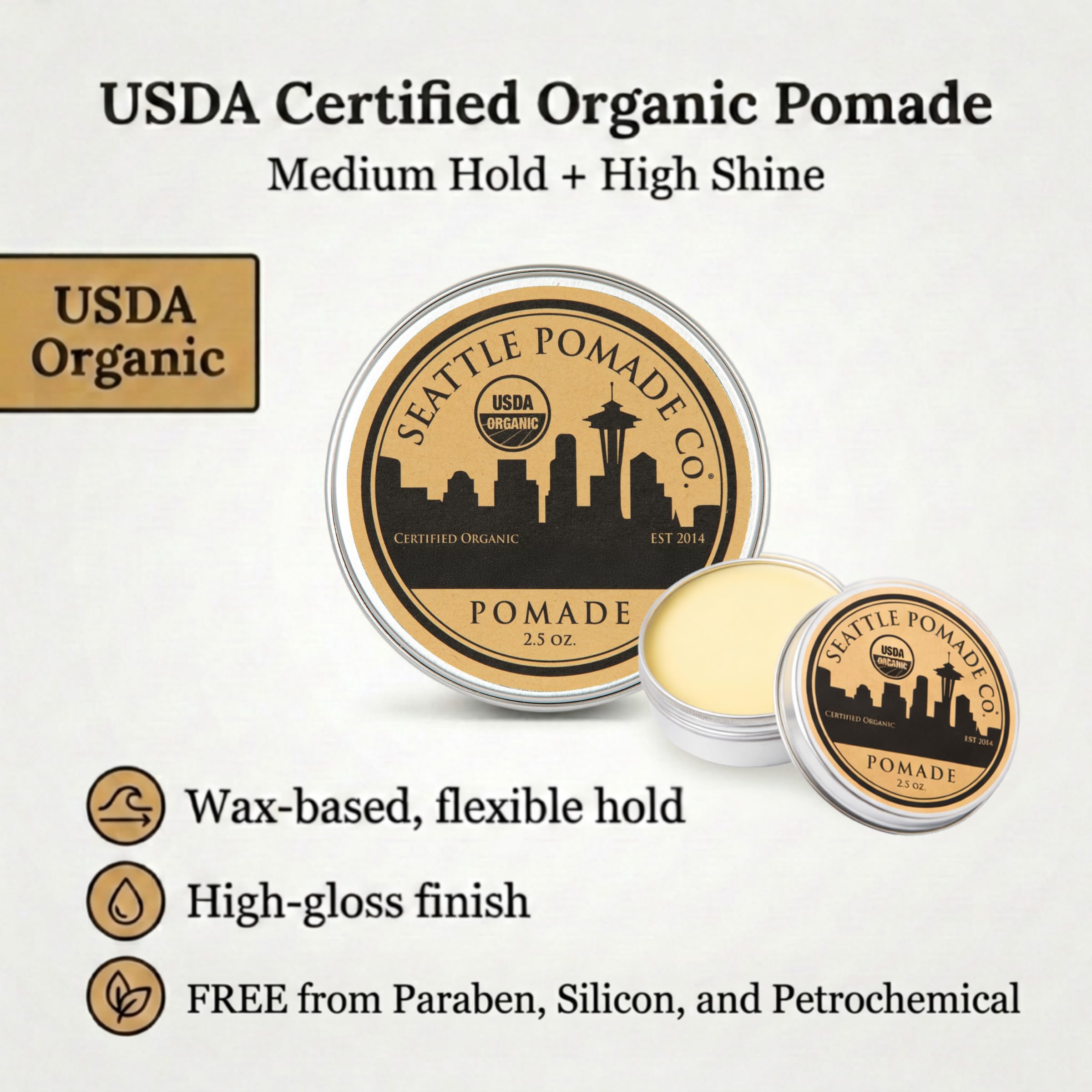 Pomada hecha a mano en Seattle WA POMADE 2014 – Acabado de alto brillo de fijación media, fórmula de peinado del producto para peinados texturizados lacios, rizados o modernos, 2.5