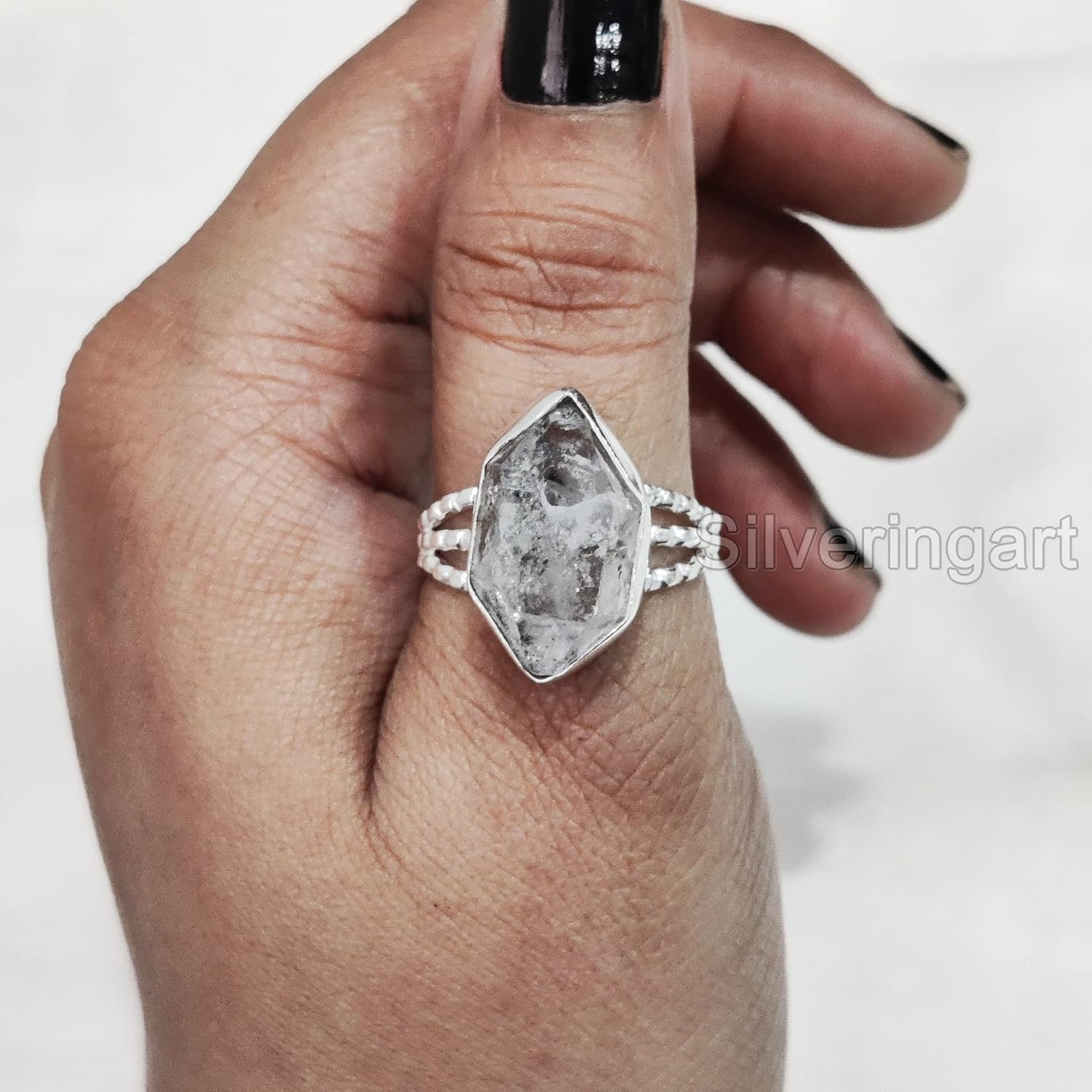 Natural Herkimer Diamond Ring, Rough Herkimer Diamond Ring, 3 Doted Band, 925 Sterling Silver, Womens Ring, Christmas, Thanksgiving, Handmade, Statement Jewelry, Raw Gemstone Jewelry - Image 3