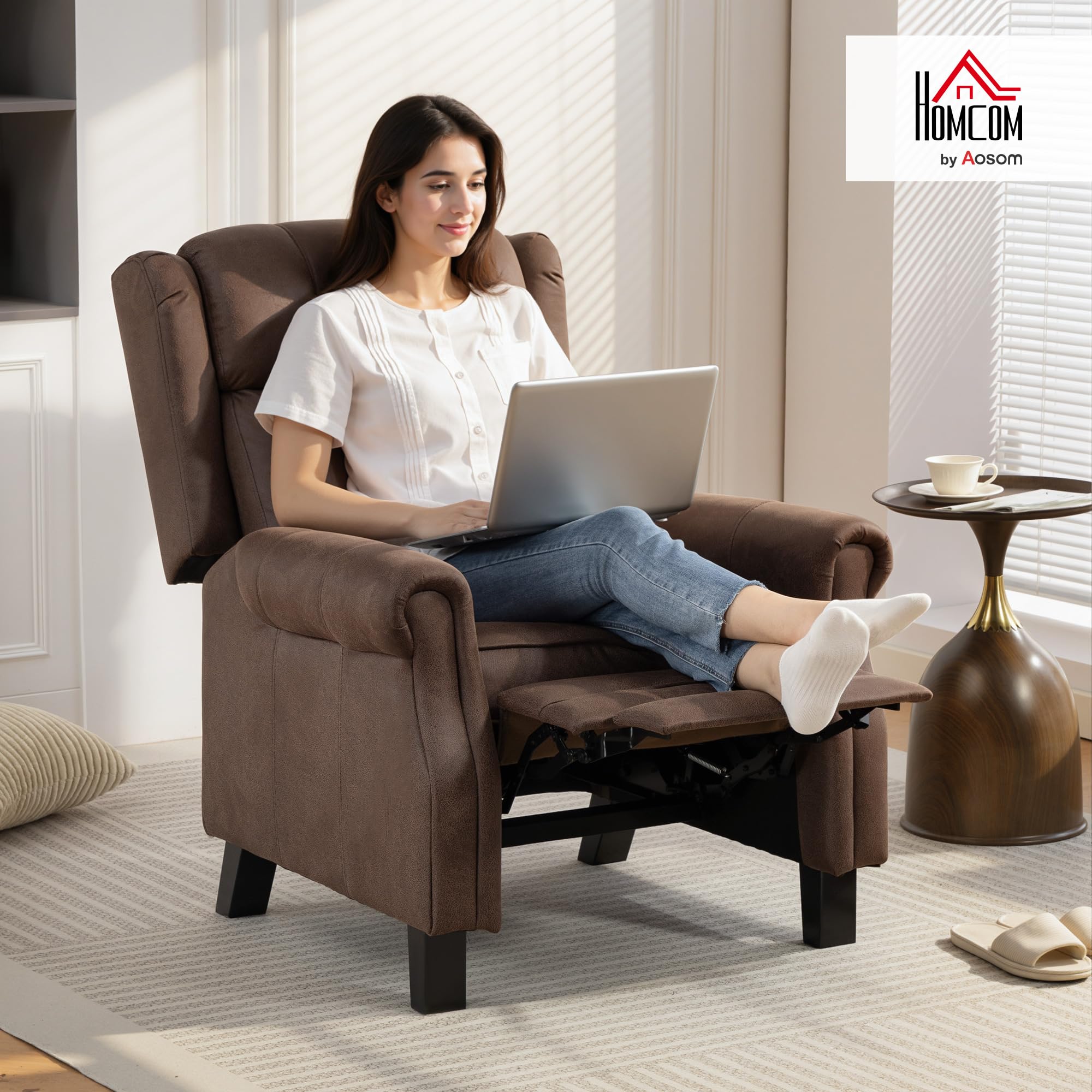 HOMCOM Sillón Relax Reclinable Manual con Apertura Push Reposapiés Marrón | Sillón Relax de Cuero Sintético, Respaldo Alto, Acolchado Grueso, Butaca Reclinable hasta 135º, para Salón, Dormitorio