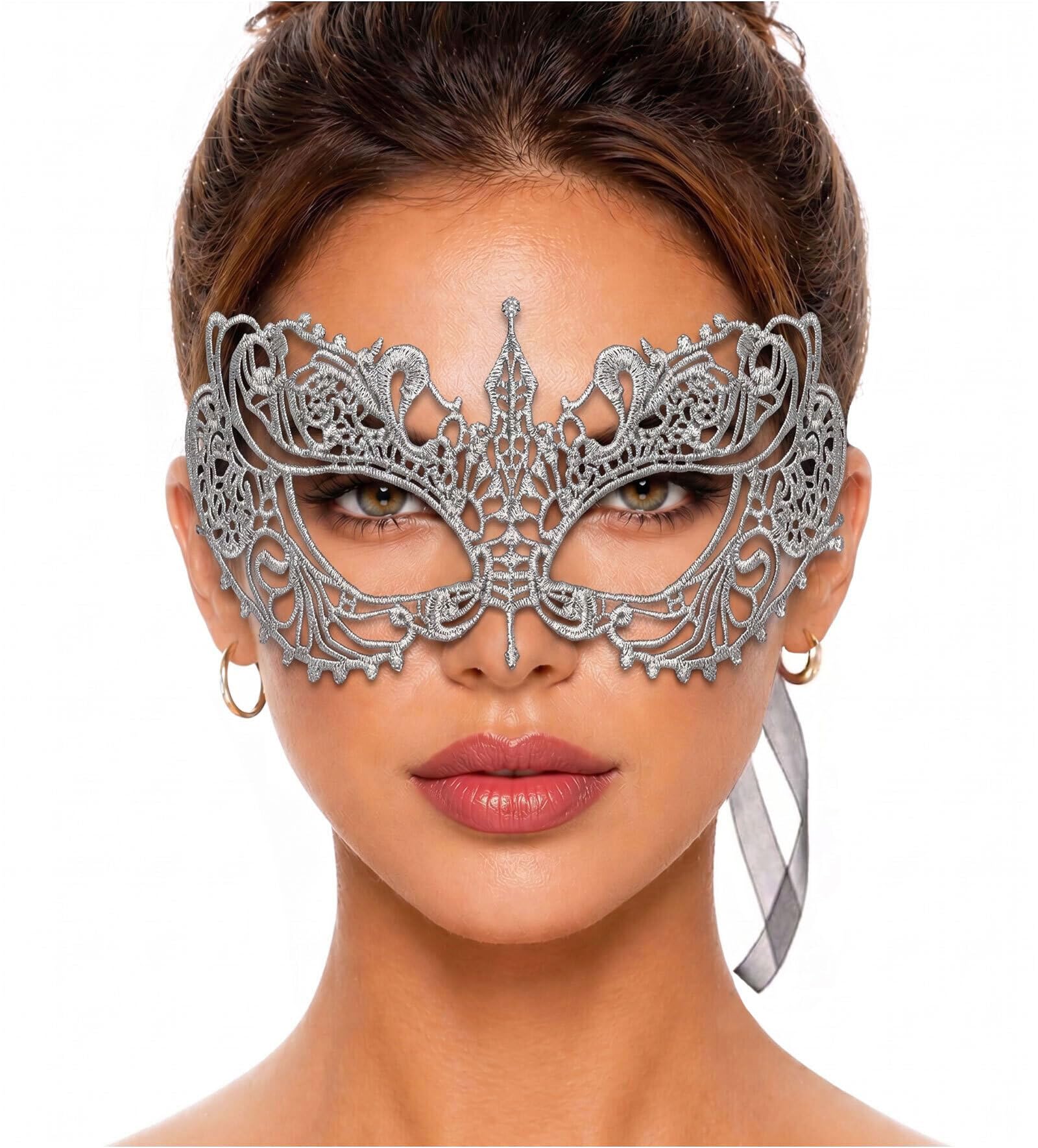 Photo 1 of [MASK IS BLACK] BLACK Masquerade Mask For Women - Lace Masquerade Masks for Masquerade Party, Proms, Photo Shoot, Venetian Party, Mardi Gras, Halloween & Cosplay - Silver Color - Made in the USA