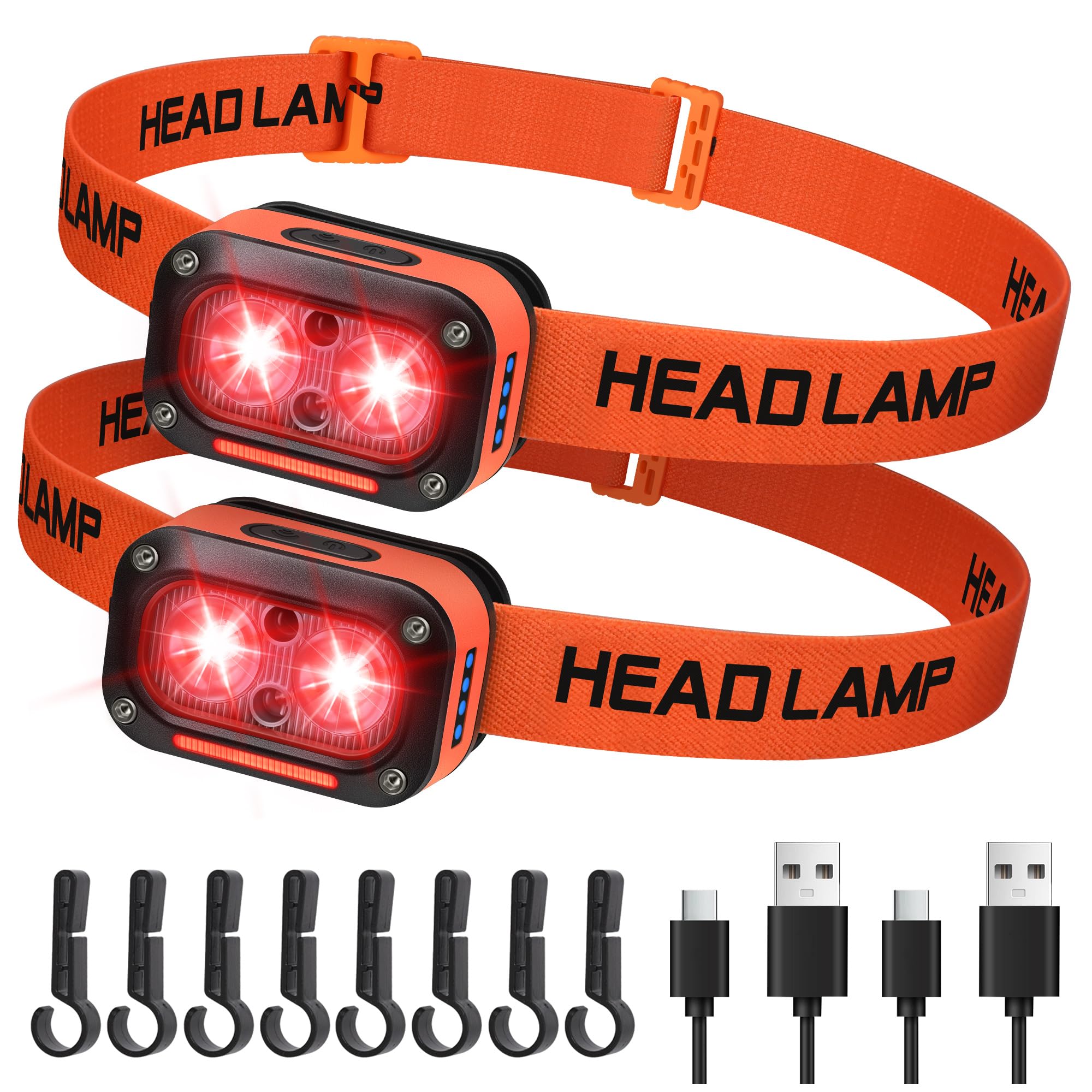 DARKBEAM Lot de 2 lampes frontales LED - Double lumière rouge - Haute luminosité - Rechargeable par USB - Avec détecteur de mouvement - Lumière rouge - Réglable vers le haut et vers le bas - Étanche