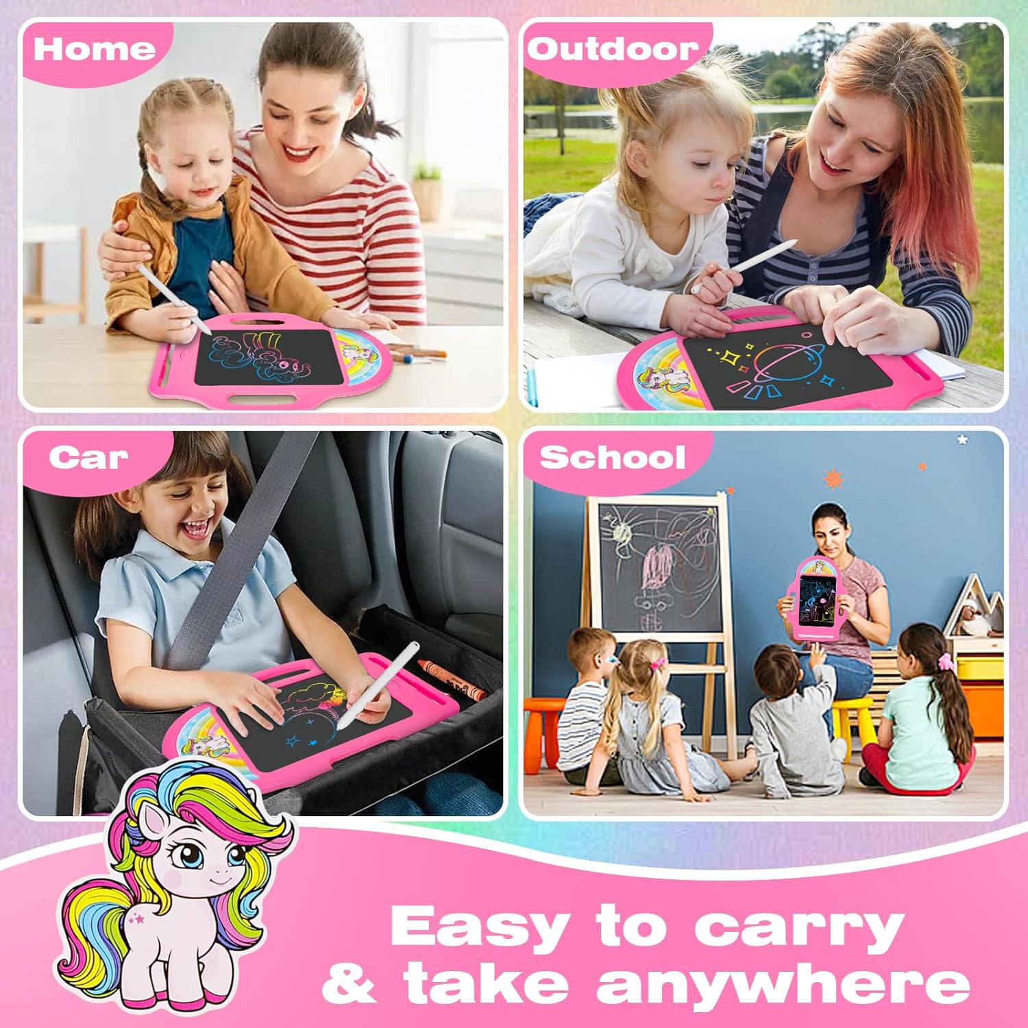 Unicorn 8.5 Inch LCD Writing Tablet for Kids 2-6, Drawing Tablet Doodle Board with Handle, Travel Car Toy for Girls, Educational Sketch Pad Birthday Christmas Gift