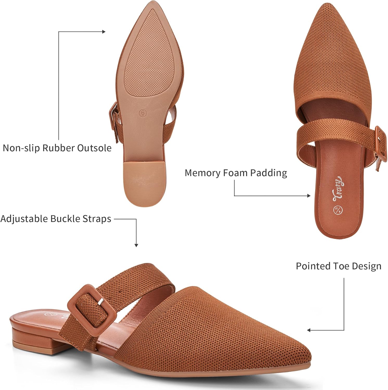 Trary Mules for Women Pointed Toe Knit Womens Flats Adjustable Strap Slip On Dressy Casual Spring Shoes Comfortable Breathable Fashion Backless Summer Loafers