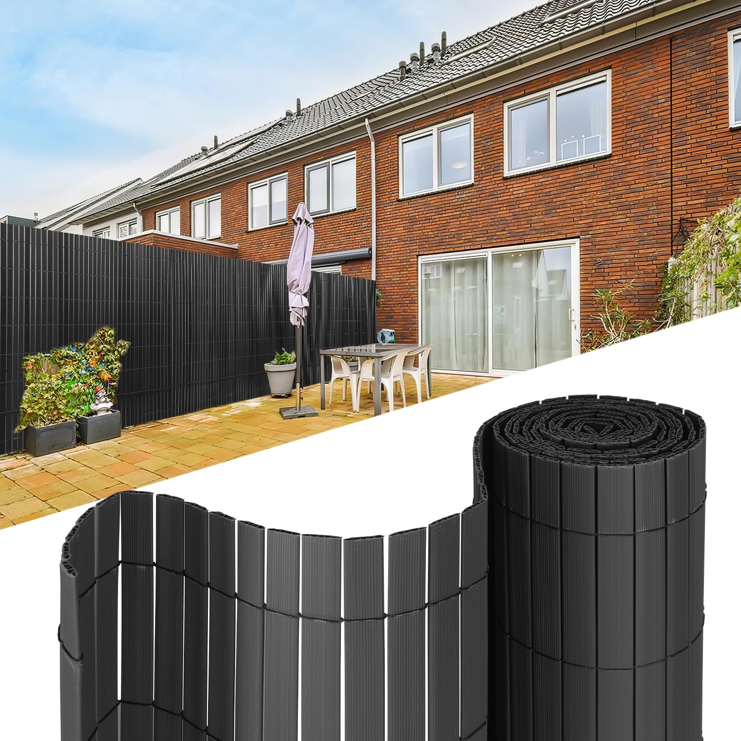 PVC Sichtschutzmatte, 100x600cm Sichtschutz Balkon,Sichtschutz Zaun mit W-Rippenverstärkungen und Kabelbindern,Windschutz Sichtschutz UV-beständig Wetterfest,für Zaun Garten,Anthrazit