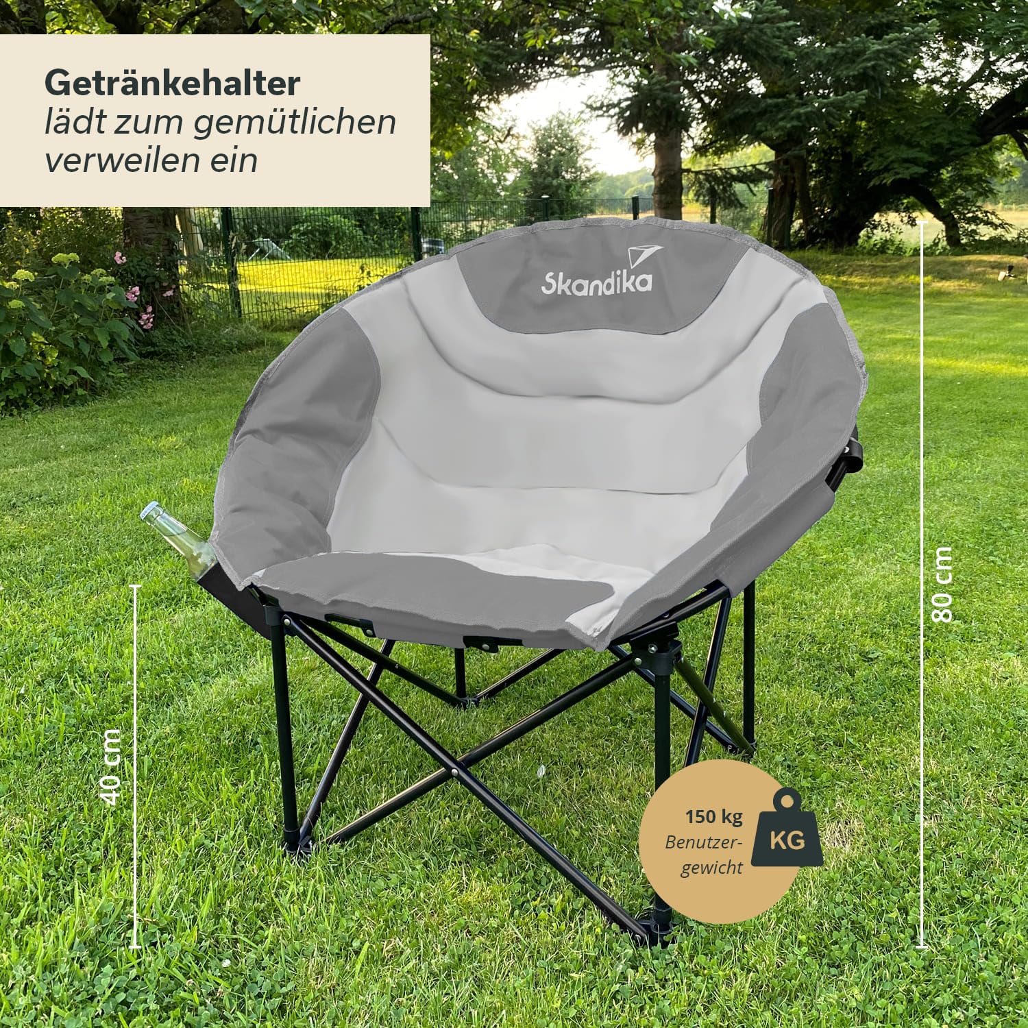 Skandika Moonchair Sirkka | Bequemer Campingstuhl, gepolstert, klappbar, Kühlfach, Getränkehalter, Tragegriff und Tragetasche, Anti-Rutsch-Füße, max. 150 kg | Camping Sessel, Mondsessel