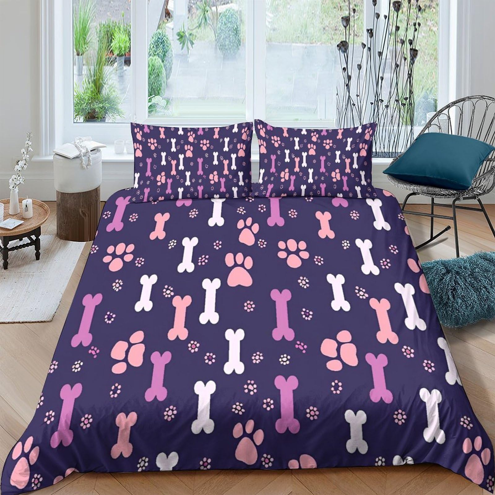 P5V6M1Q9 3D Printed Dog Bone Paw Duvet Cover Set Microfiber Soft Breathable Navy Bedding with 2 Pillowcases for Bedroom Single（135x200cm）