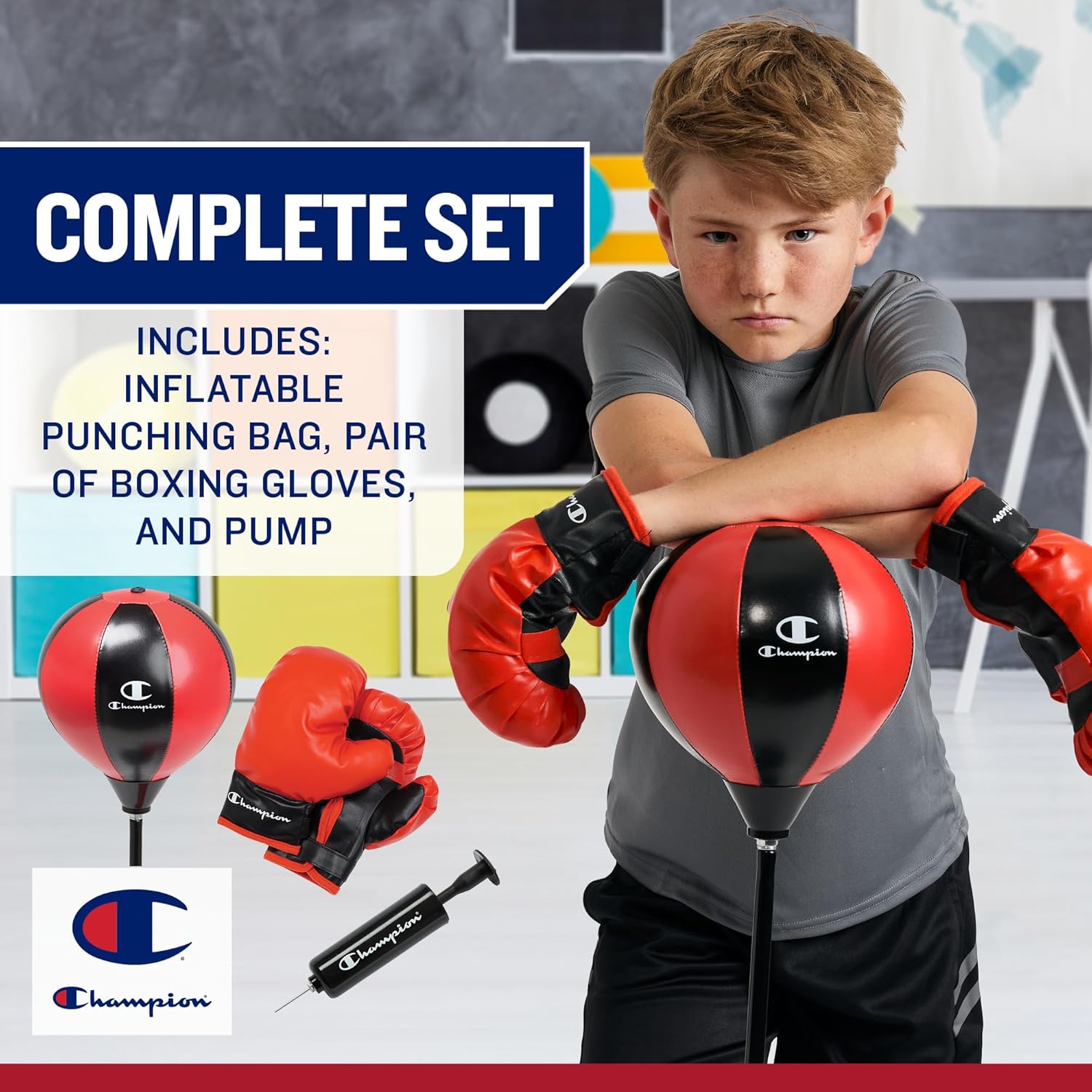 Champion Boxing Punching Bag Set for Ages 3-10 (Red/Black), Adjustable 30”-43” Stand, PU-Covered Foam Boxing Gloves & Water/Sand Fillable Base for Indoor & Outdoor Use - Image 7