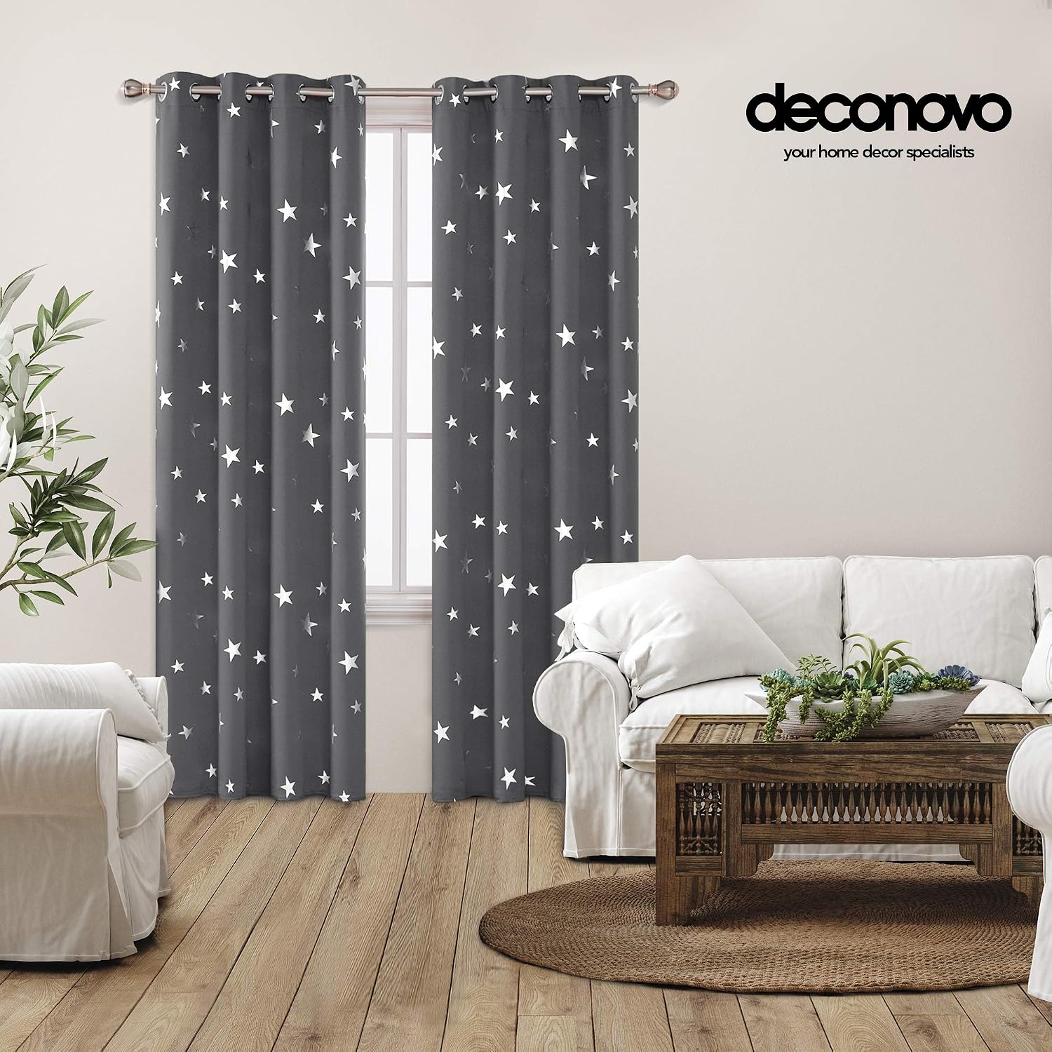 Deconovo Set of 2 Modern Silver Star Pattern Blackout Curtains for Living Room Thermal Insulated Interior Curtain with Eyelets for Kitchen Bedroom - Image 4